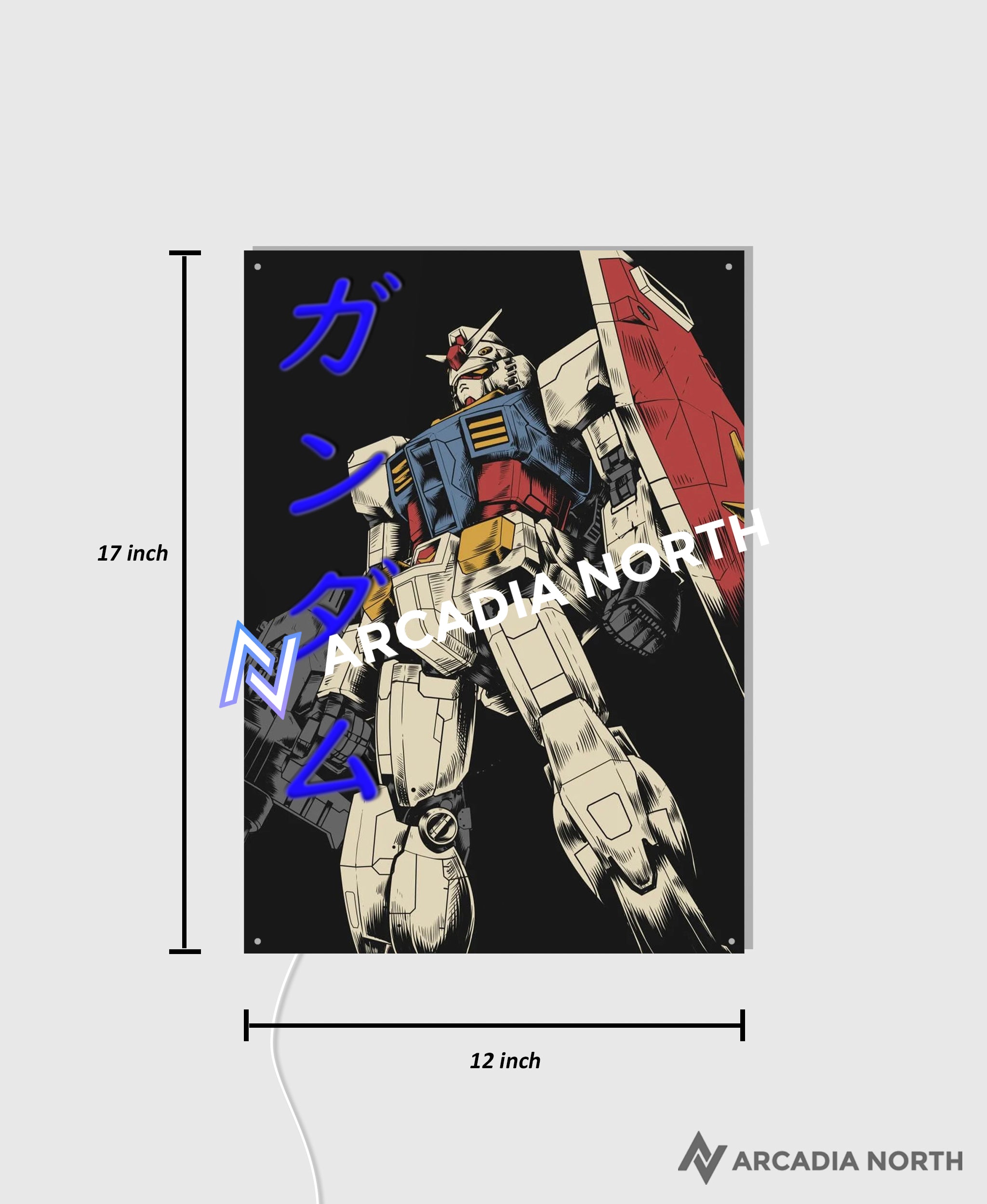 Arcadia North AURALIGHT - an acrylic LED Poster featuring the anime Mobile Suit Gundam with the RX-78-2 Gundam. Gundam is written in Japanese Katakana and illuminated by glowing neon LED lights. UV-printed on acrylic.