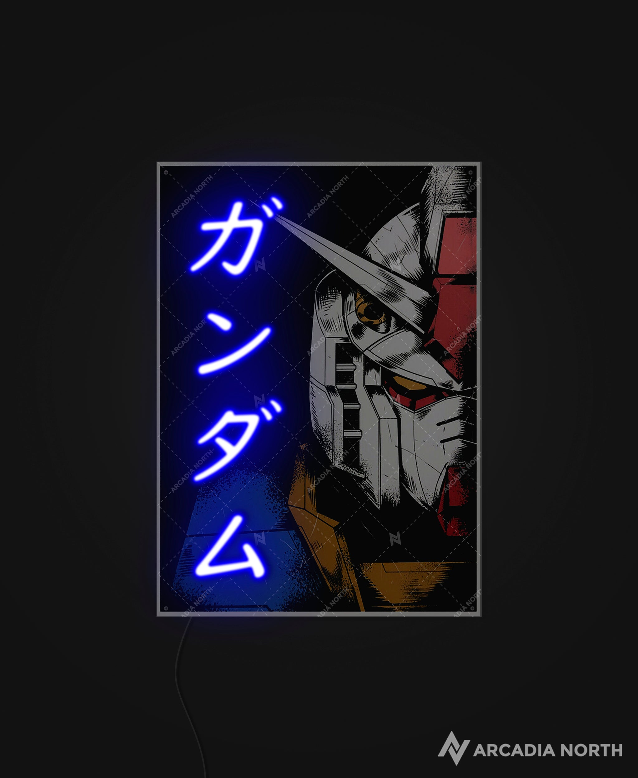 Arcadia North AURALIGHT - an acrylic LED Poster featuring the anime Mobile Suit Gundam with the RX-78-2 Gundam. Gundam is written in Japanese Katakana and illuminated by glowing neon LED lights. UV-printed on acrylic.