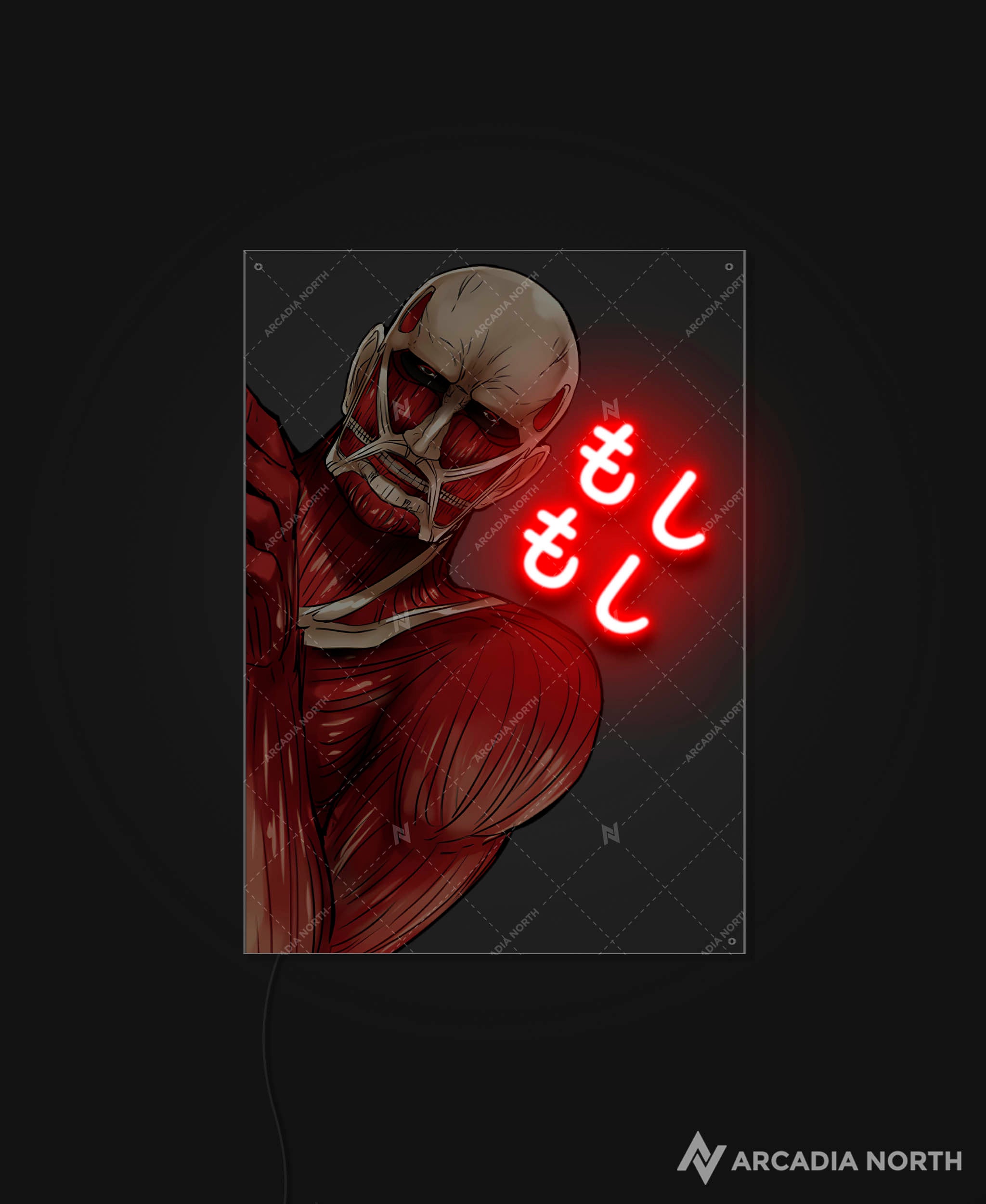 Arcadia North AURALIGHT - an LED Poster featuring the anime Attack on Titan with the moshi moshi titan desu meme written in Japanese Kana and illuminated by glowing neon LED lights. UV-printed on acrylic.