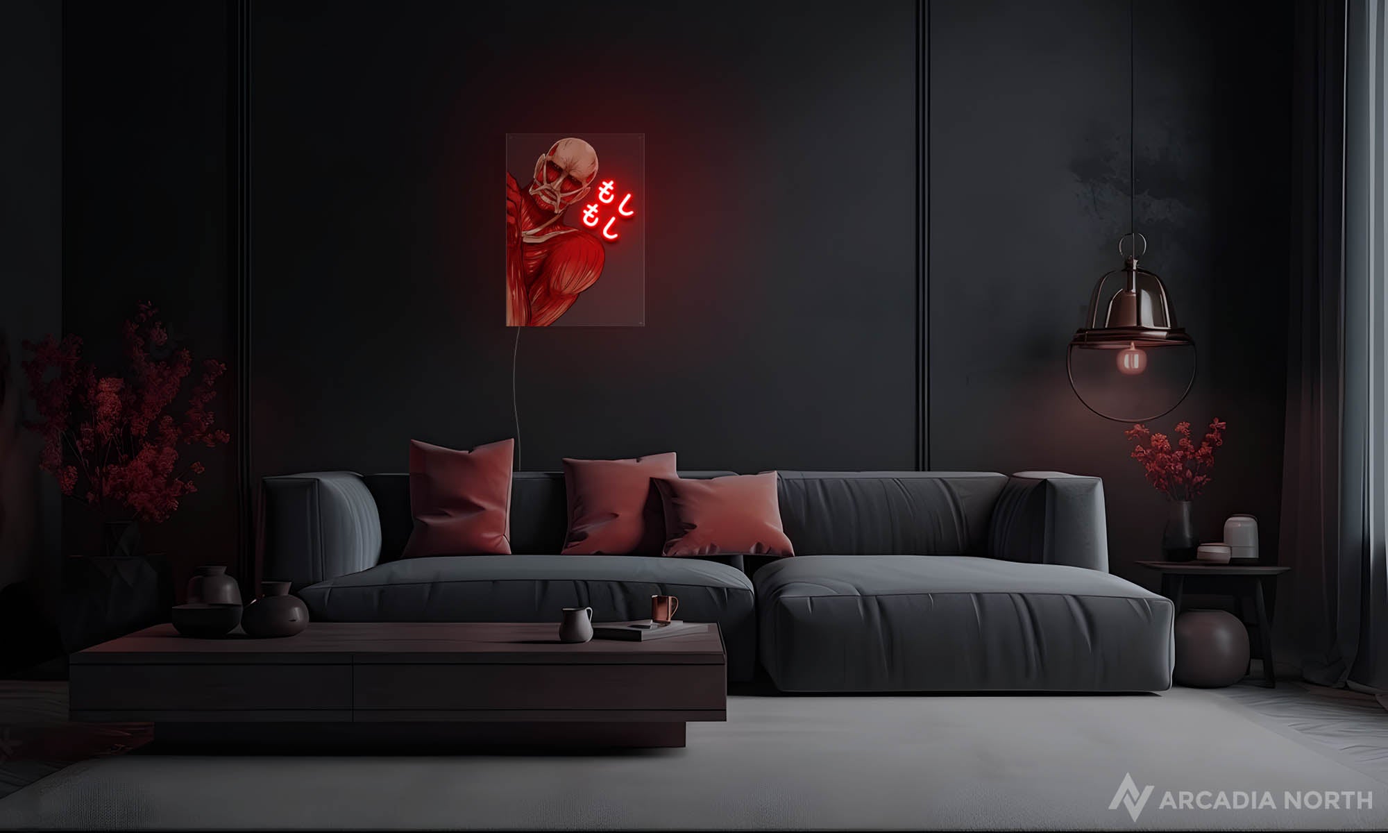 Modern living room with an Arcadia North LED Poster based on the anime Attack on Titan depicting the meme moshi moshi titan
