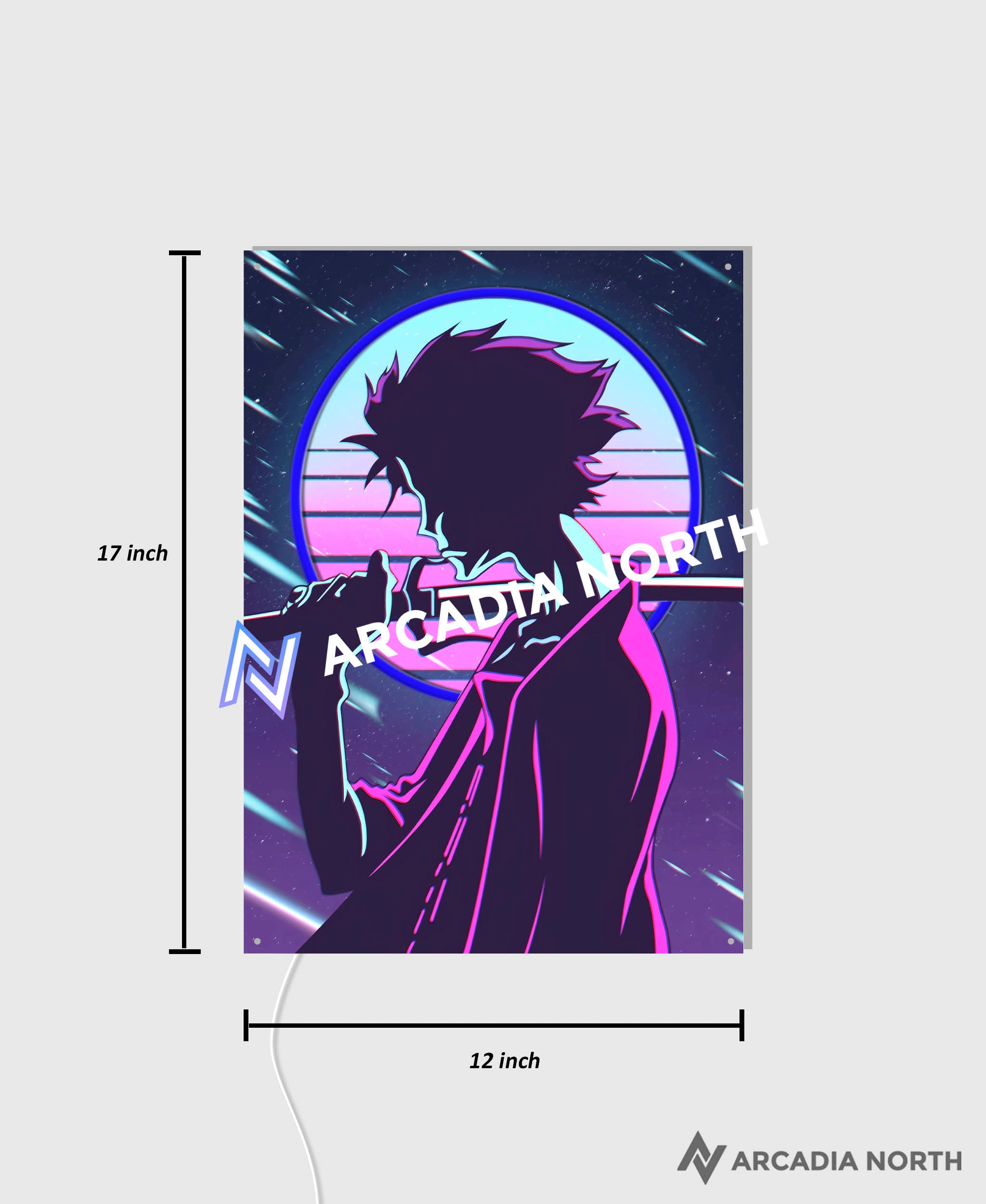 Arcadia North AURALIGHT Original LED Poster featuring the anime Samurai Champloo with Mugen in synthwave style. Illuminated by glowing neon LED lights. UV-printed on acrylic.