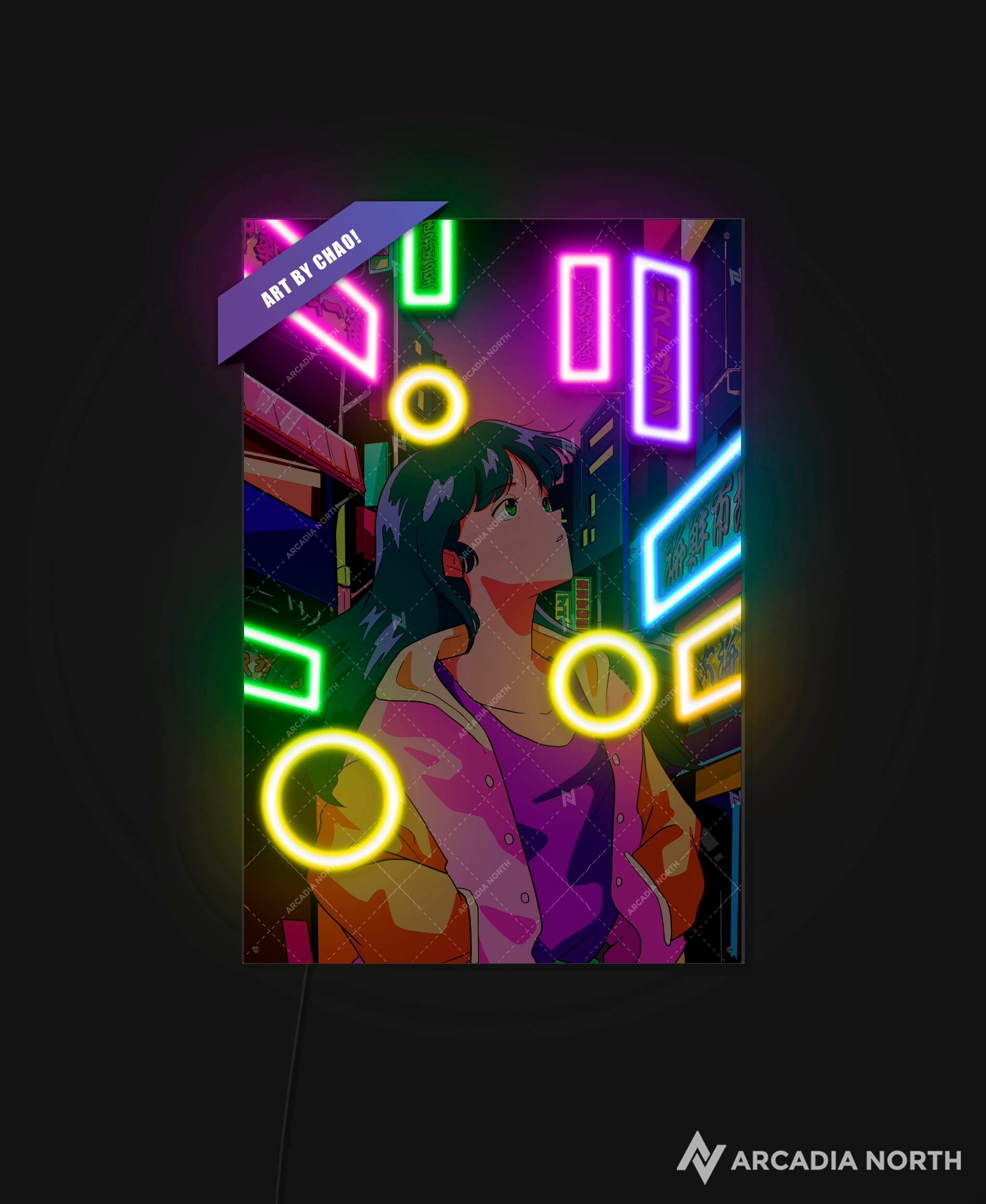 Arcadia North AURALIGHT - an illuminating acrylic poster that combines premium acrylic prints with LED neon lighting. Retro 80s anime aesthetic. City pop vibe. Girl walking around neon city lights. NIGHT CITY by Japanese artist chao!. Illuminating acrylic wall art printed on acrylic. LED poster.