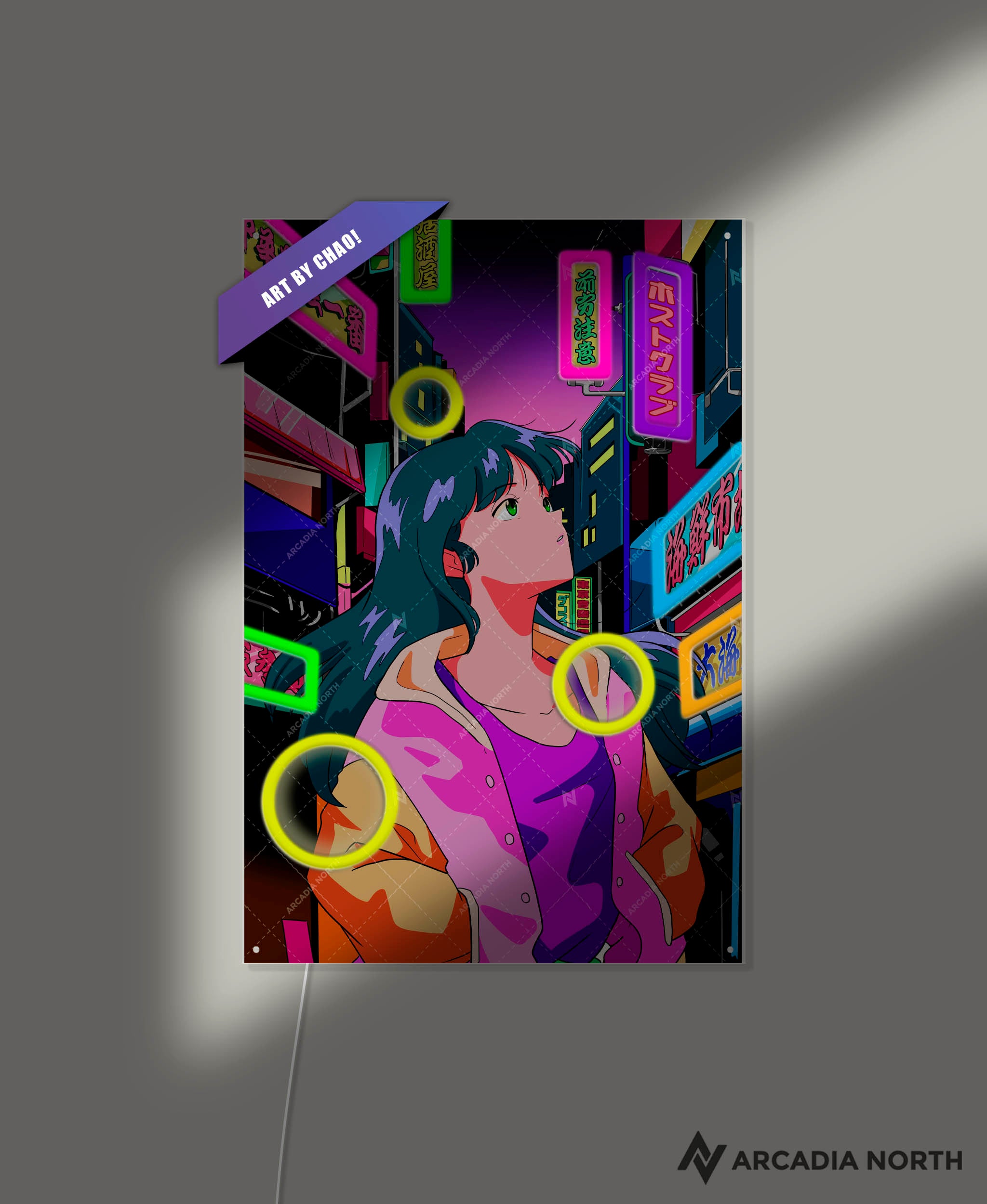 Arcadia North AURALIGHT - an illuminating acrylic poster that combines premium acrylic prints with LED neon lighting. Retro 80s anime aesthetic. City pop vibe. Girl walking around neon city lights. NIGHT CITY by Japanese artist chao!. Illuminating acrylic wall art printed on acrylic. LED poster.