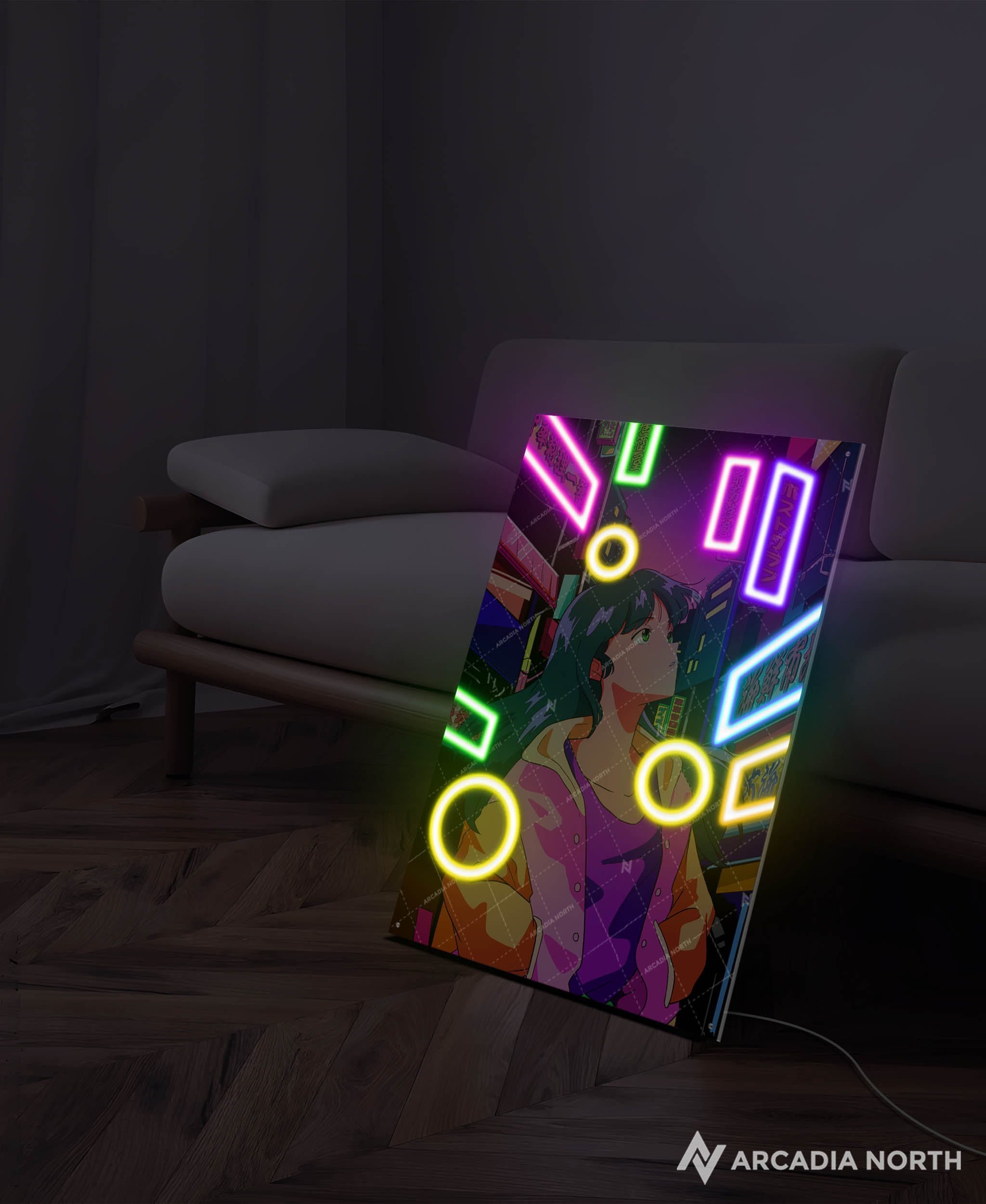 Arcadia North AURALIGHT - an illuminating acrylic poster that combines premium acrylic prints with LED neon lighting. Retro 80s anime aesthetic. City pop vibe. Girl walking around neon city lights. NIGHT CITY by Japanese artist chao!. Illuminating acrylic wall art printed on acrylic. LED poster.