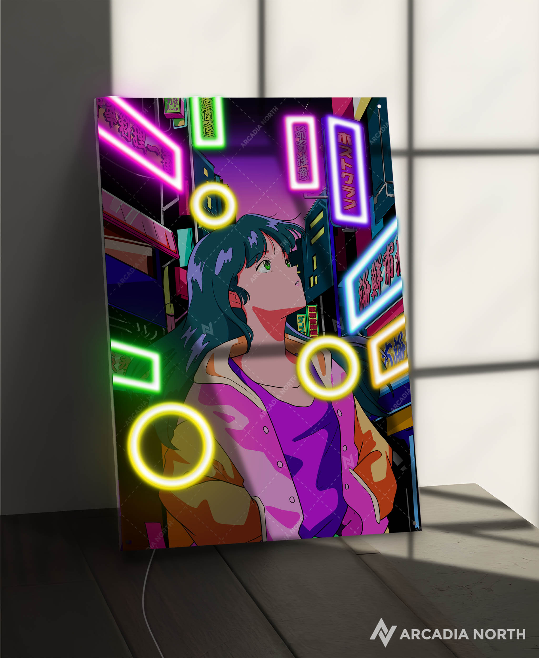 Arcadia North AURALIGHT - an illuminating acrylic poster that combines premium acrylic prints with LED neon lighting. Retro 80s anime aesthetic. City pop vibe. Girl walking around neon city lights. NIGHT CITY by Japanese artist chao!. Illuminating acrylic wall art printed on acrylic. LED poster.