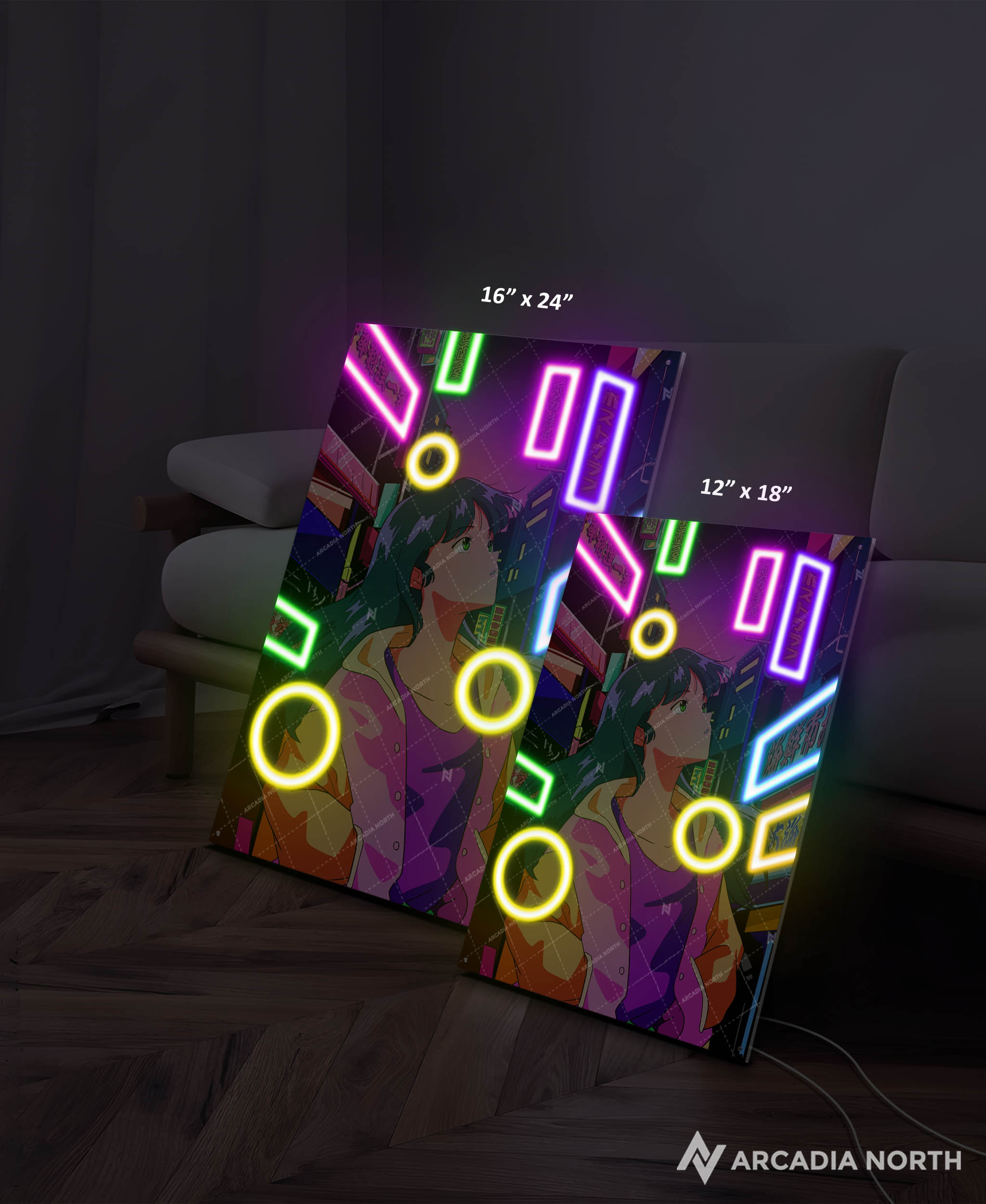 Arcadia North AURALIGHT - an illuminating acrylic poster that combines premium acrylic prints with LED neon lighting. Retro 80s anime aesthetic. City pop vibe. Girl walking around neon city lights. NIGHT CITY by Japanese artist chao!. Illuminating acrylic wall art printed on acrylic. LED poster.