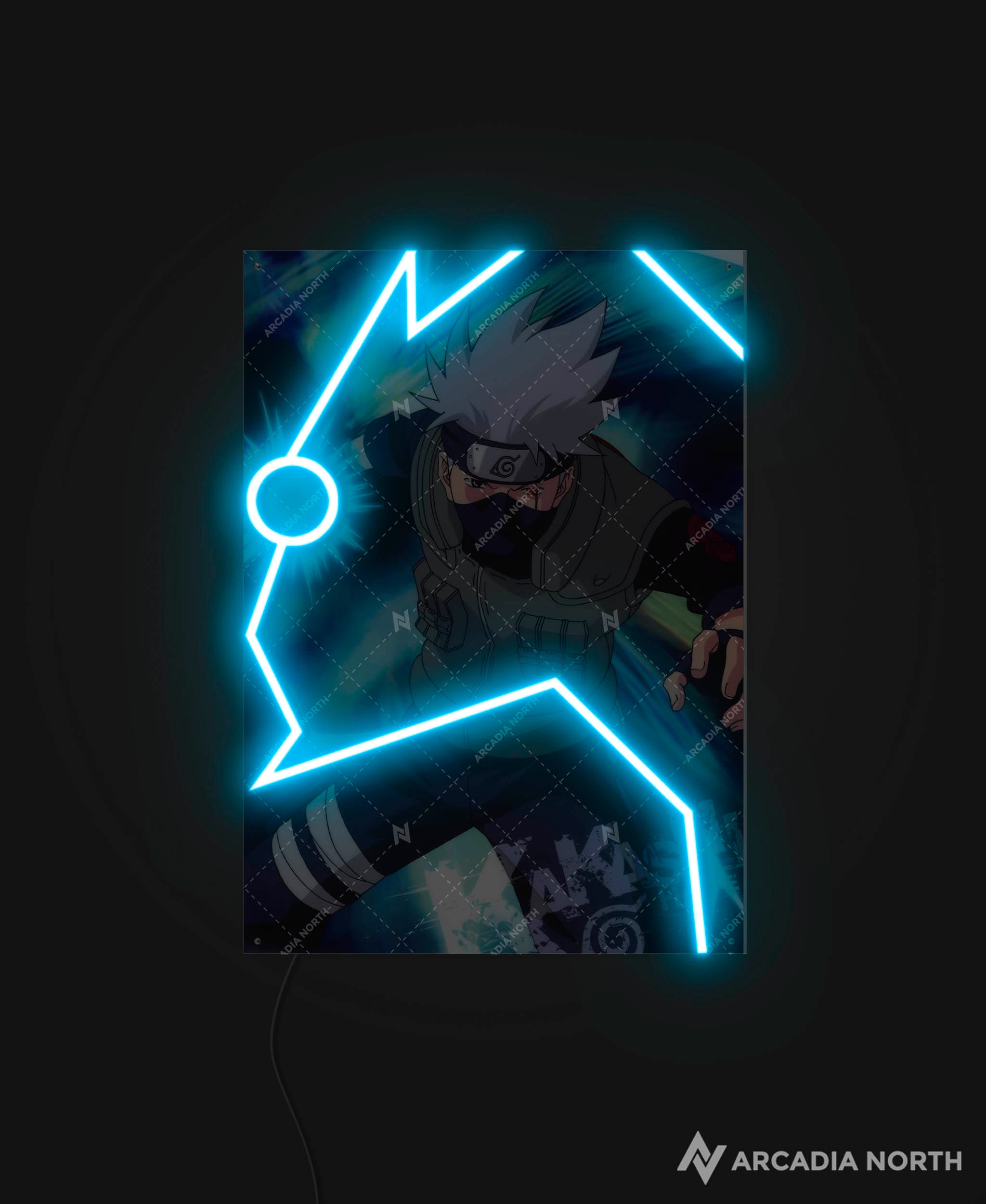 Arcadia North AURALIGHT - an LED Poster featuring the anime Naruto with Kakashi Hatake performing the jutsu Chidori. Illuminated by glowing neon LED lights. UV-printed on acrylic.