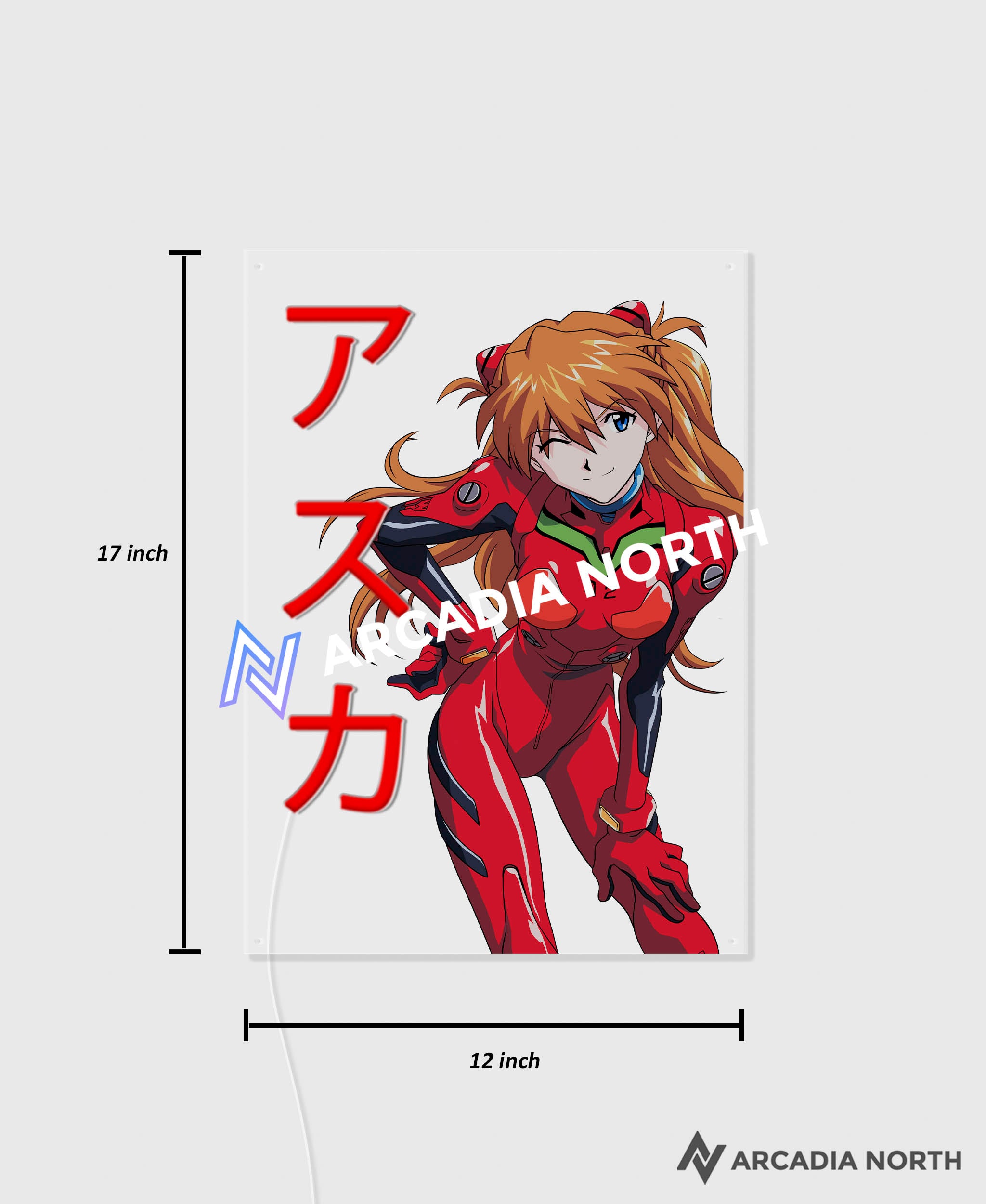 Arcadia North AURALIGHT Original LED Poster featuring the anime Neon Genesis Evangelion with Asuka Langley Soryu and her name Asuka written in Japanese Katakana. Illuminated by glowing neon LED lights. UV-printed on acrylic.