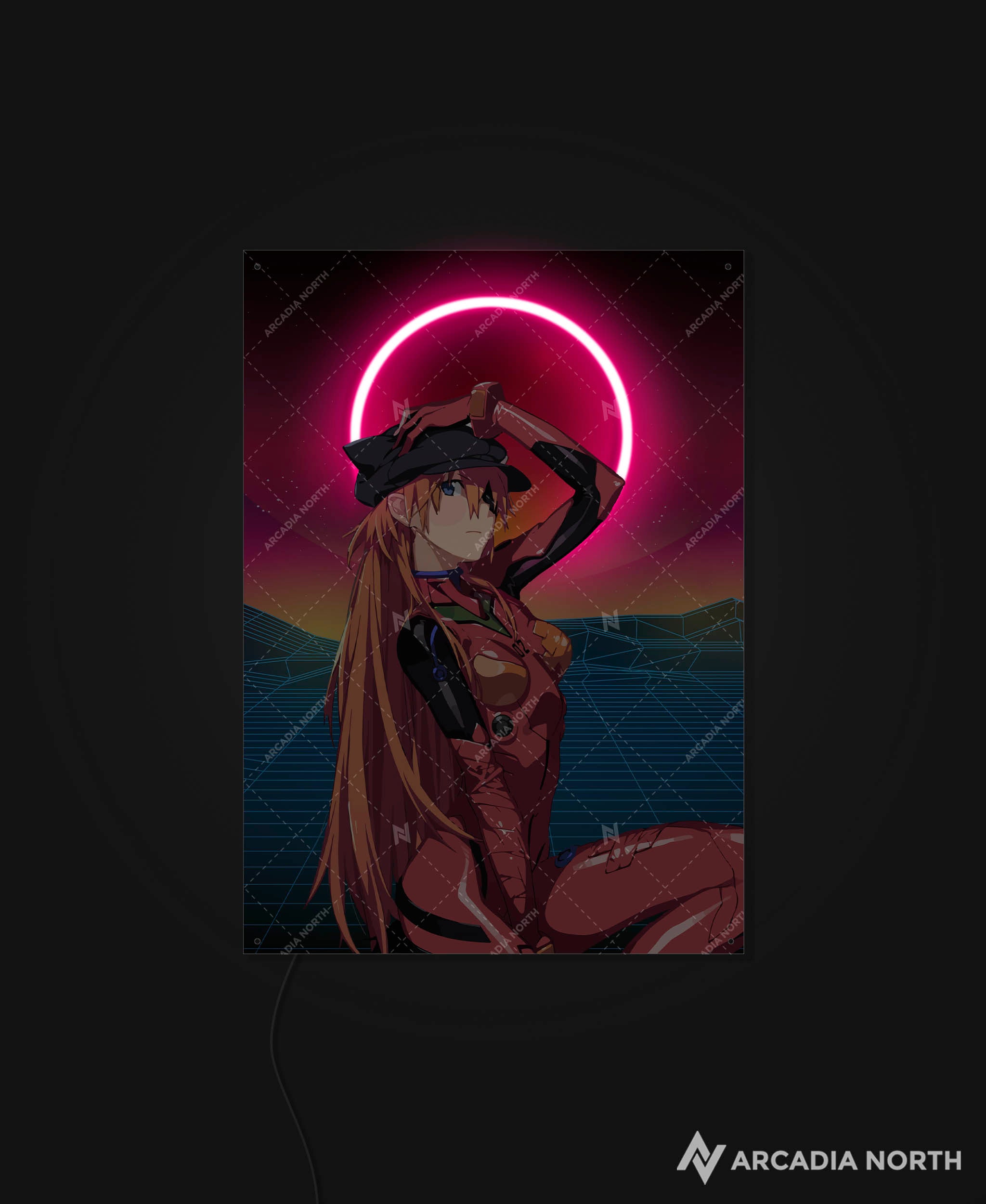 Arcadia North AURALIGHT - an LED Poster featuring the anime Neon Genesis Evangelion with Asuka Langley Soryu on a synthwave style backdrop. Illuminated by glowing neon LED lights. UV-printed on acrylic.