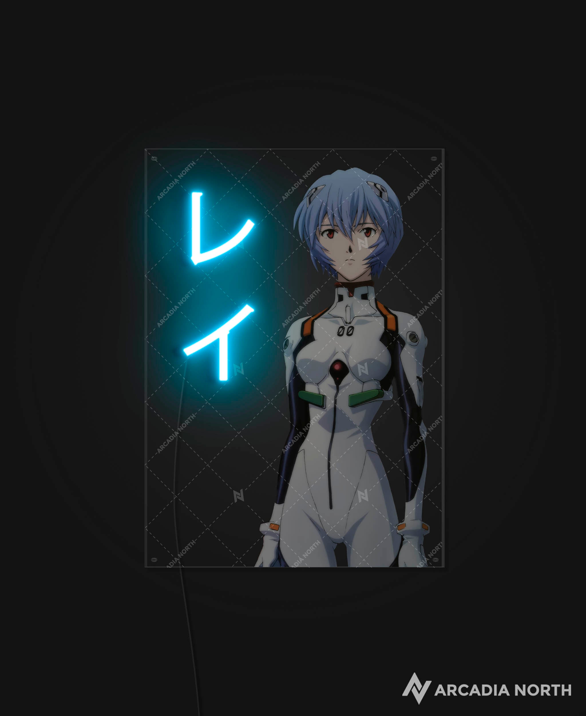 Arcadia North AURALIGHT - an LED Poster featuring the anime Neon Genesis Evangelion with Rei Ayanami and her name Rei in Japanese Katakana illuminated by glowing neon LED lights. UV-printed on acrylic.