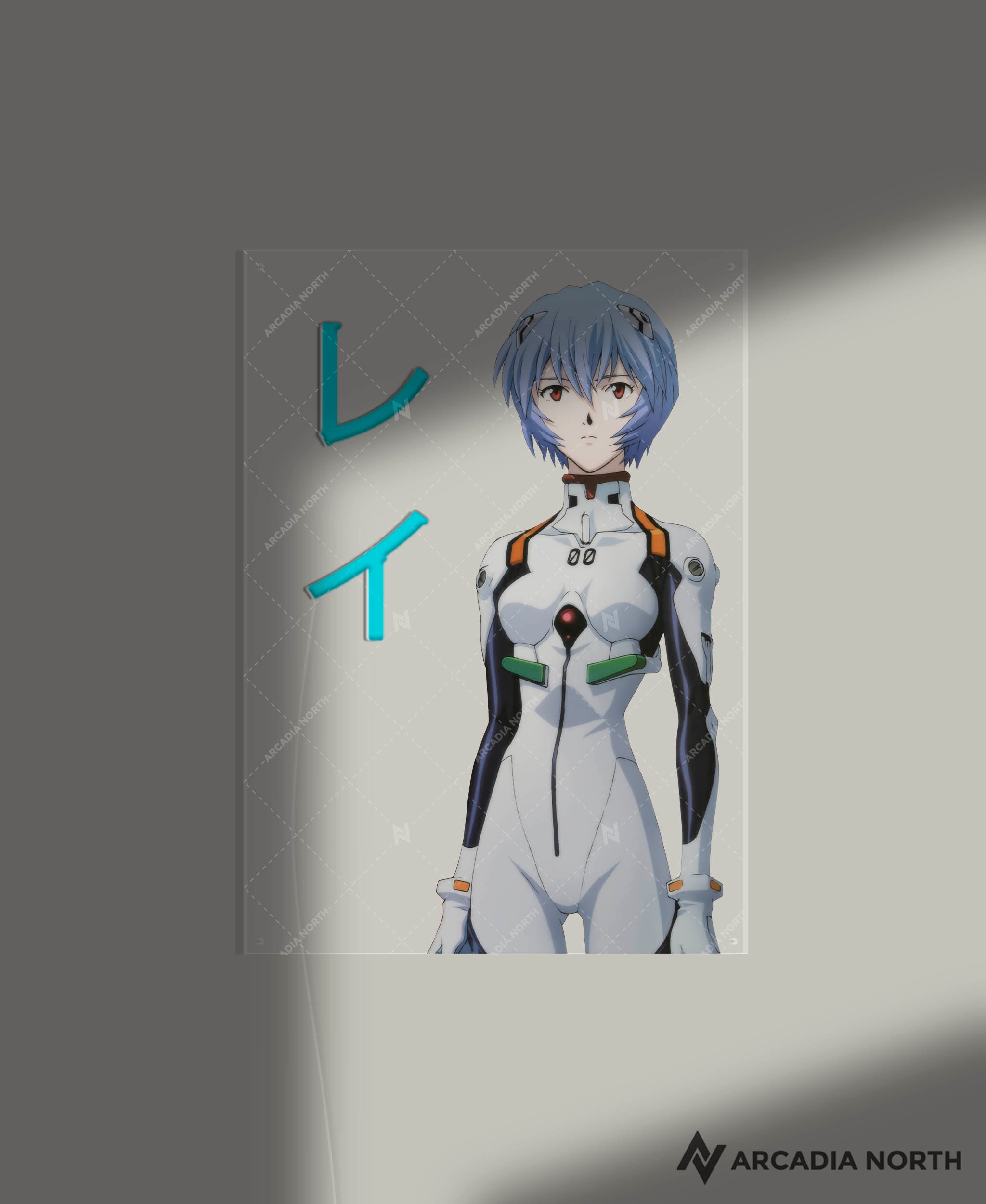Arcadia North AURALIGHT - an LED Poster featuring the anime Neon Genesis Evangelion with Rei Ayanami and her name Rei in Japanese Katakana illuminated by glowing neon LED lights. UV-printed on acrylic.