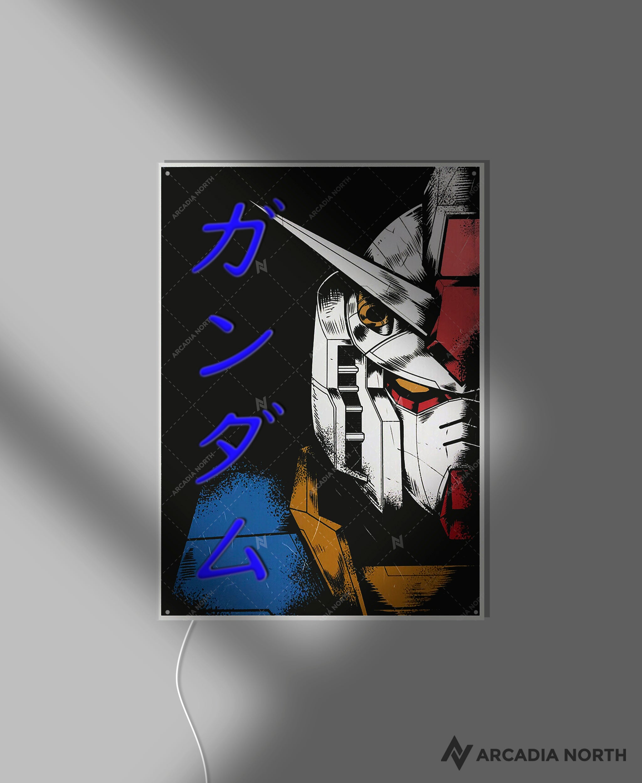 Arcadia North AURALIGHT - an acrylic LED Poster featuring the anime Mobile Suit Gundam with the RX-78-2 Gundam. Gundam is written in Japanese Katakana and illuminated by glowing neon LED lights. UV-printed on acrylic.