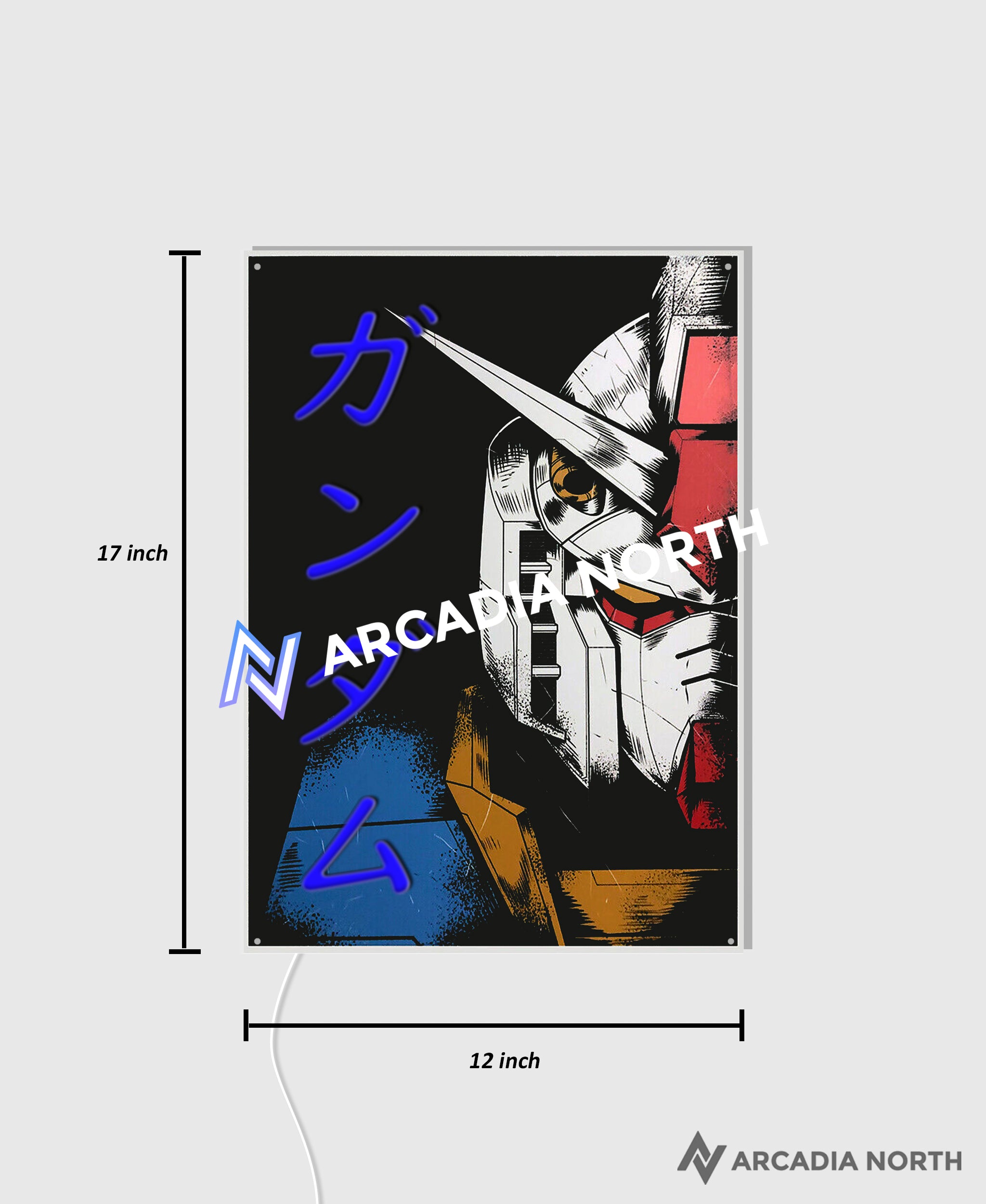 Arcadia North AURALIGHT - an acrylic LED Poster featuring the anime Mobile Suit Gundam with the RX-78-2 Gundam. Gundam is written in Japanese Katakana and illuminated by glowing neon LED lights. UV-printed on acrylic.
