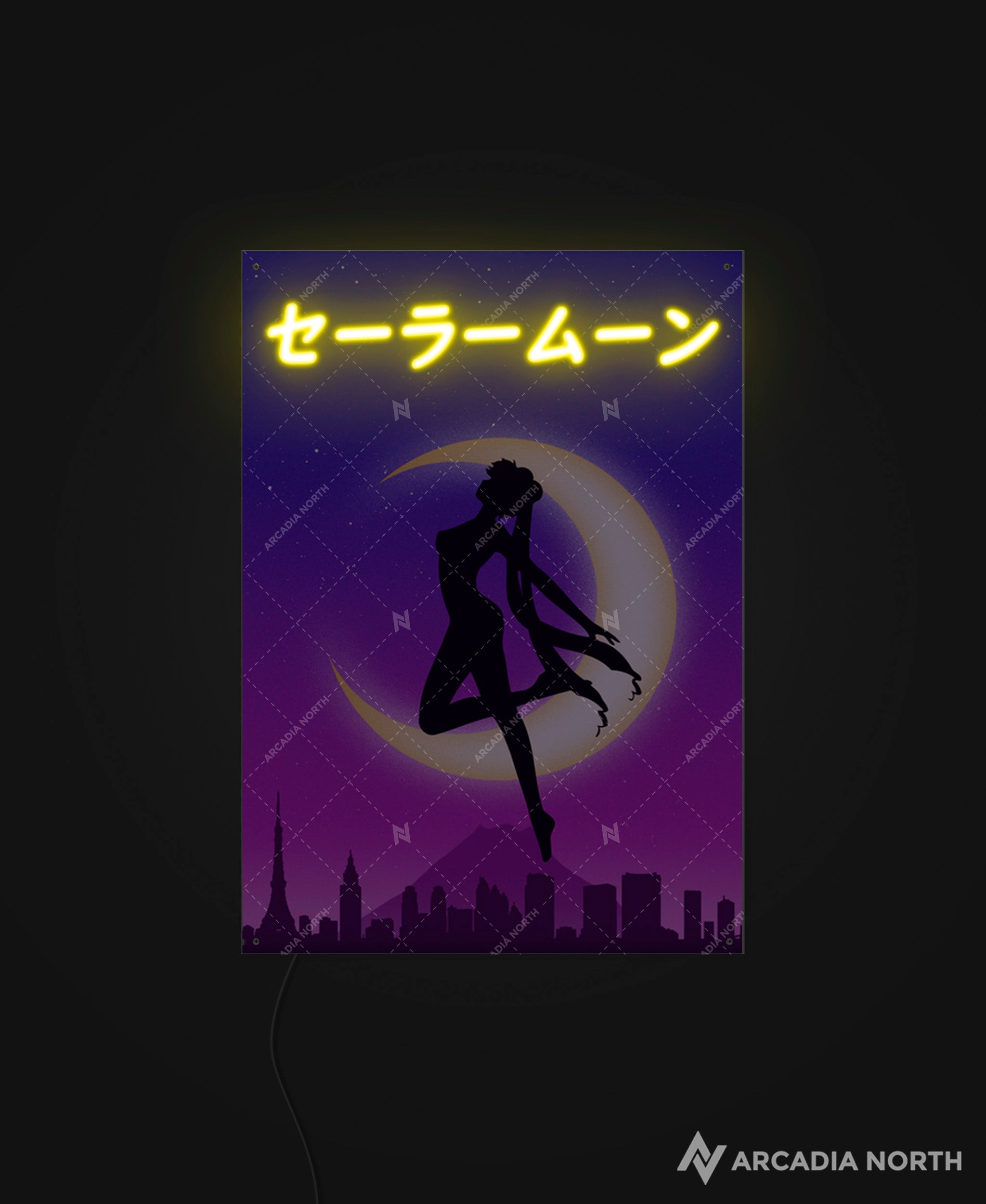Arcadia North AURALIGHT - an acrylic LED Poster featuring the anime Sailor Moon with Usagi Tsukino. Sailor Moon is written in Japanese Katakana and illuminated by glowing neon LED lights. UV-printed on acrylic.
