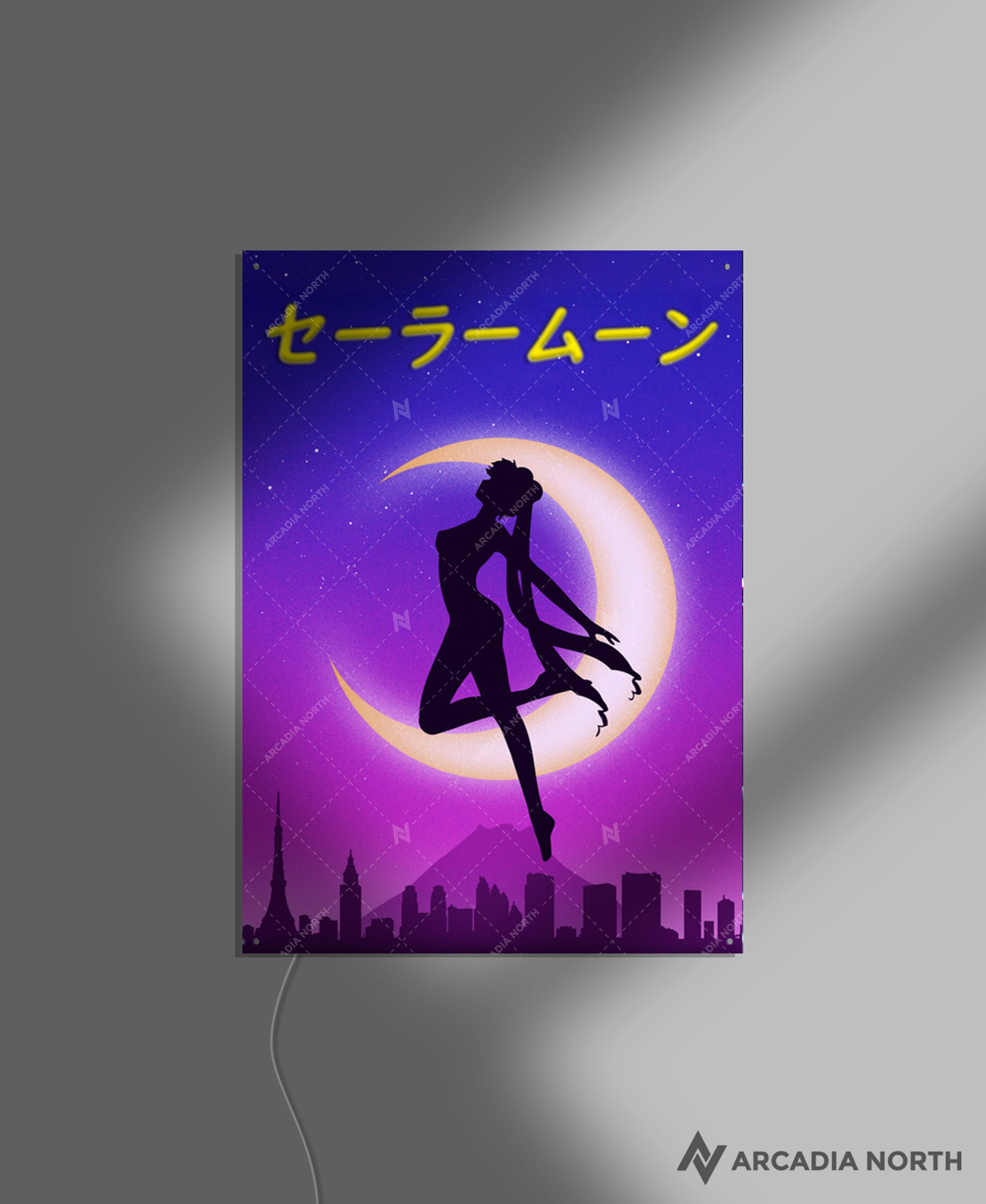Arcadia North AURALIGHT - an acrylic LED Poster featuring the anime Sailor Moon with Usagi Tsukino. Sailor Moon is written in Japanese Katakana and illuminated by glowing neon LED lights. UV-printed on acrylic.