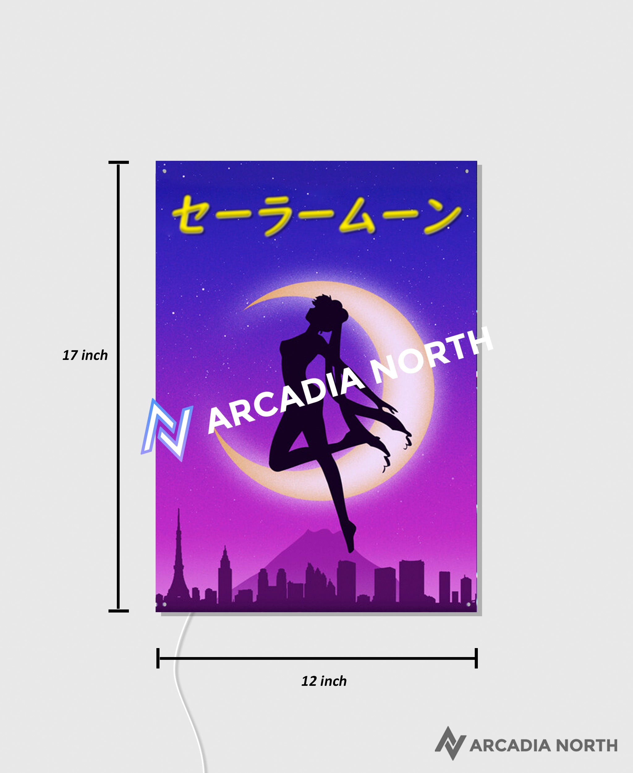 Arcadia North AURALIGHT - an acrylic LED Poster featuring the anime Sailor Moon with Usagi Tsukino. Sailor Moon is written in Japanese Katakana and illuminated by glowing neon LED lights. UV-printed on acrylic.