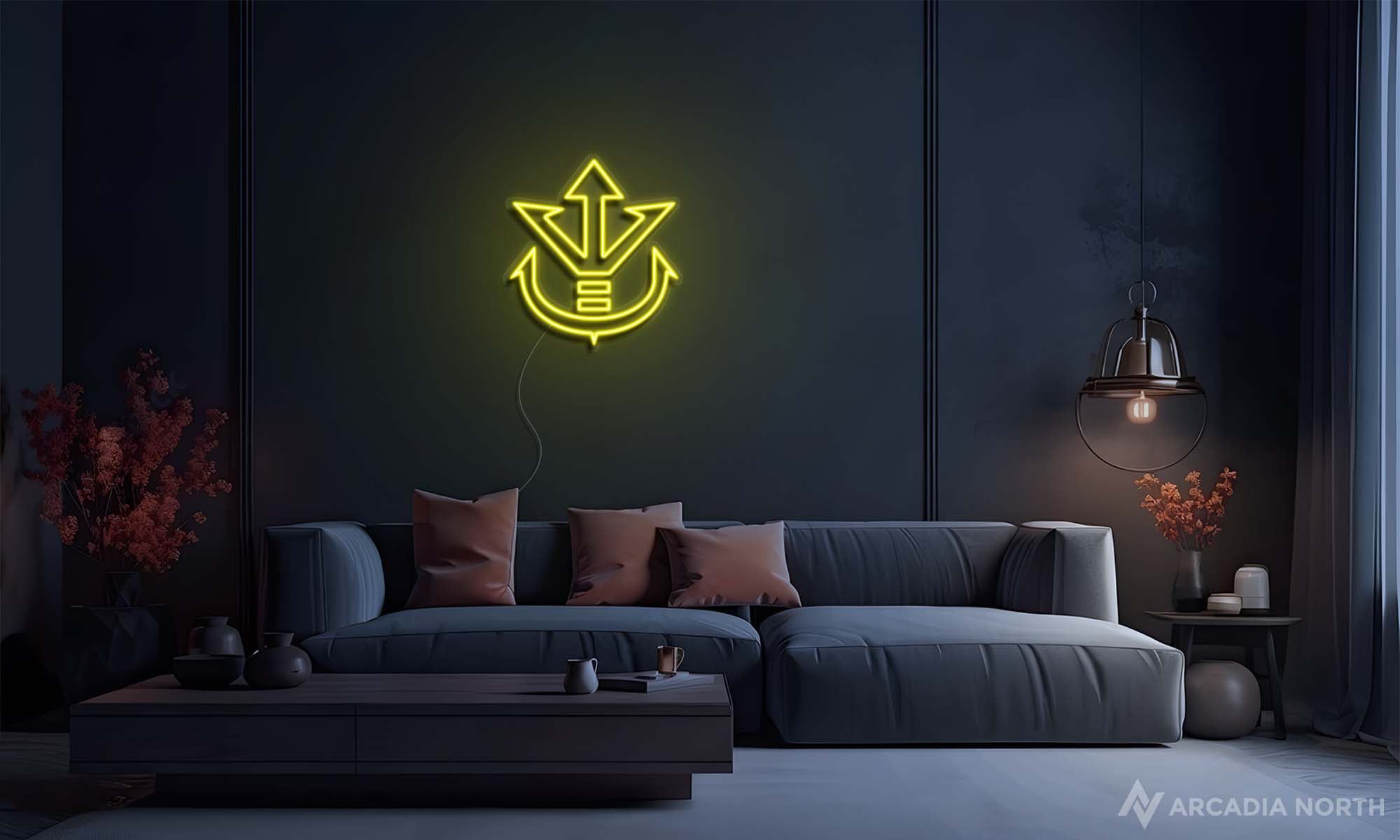 Modern living room with a yellow Dragon Ball anime Saiyan Prince Royal Crest Vegeta neon sign glowing on the wall above a couch