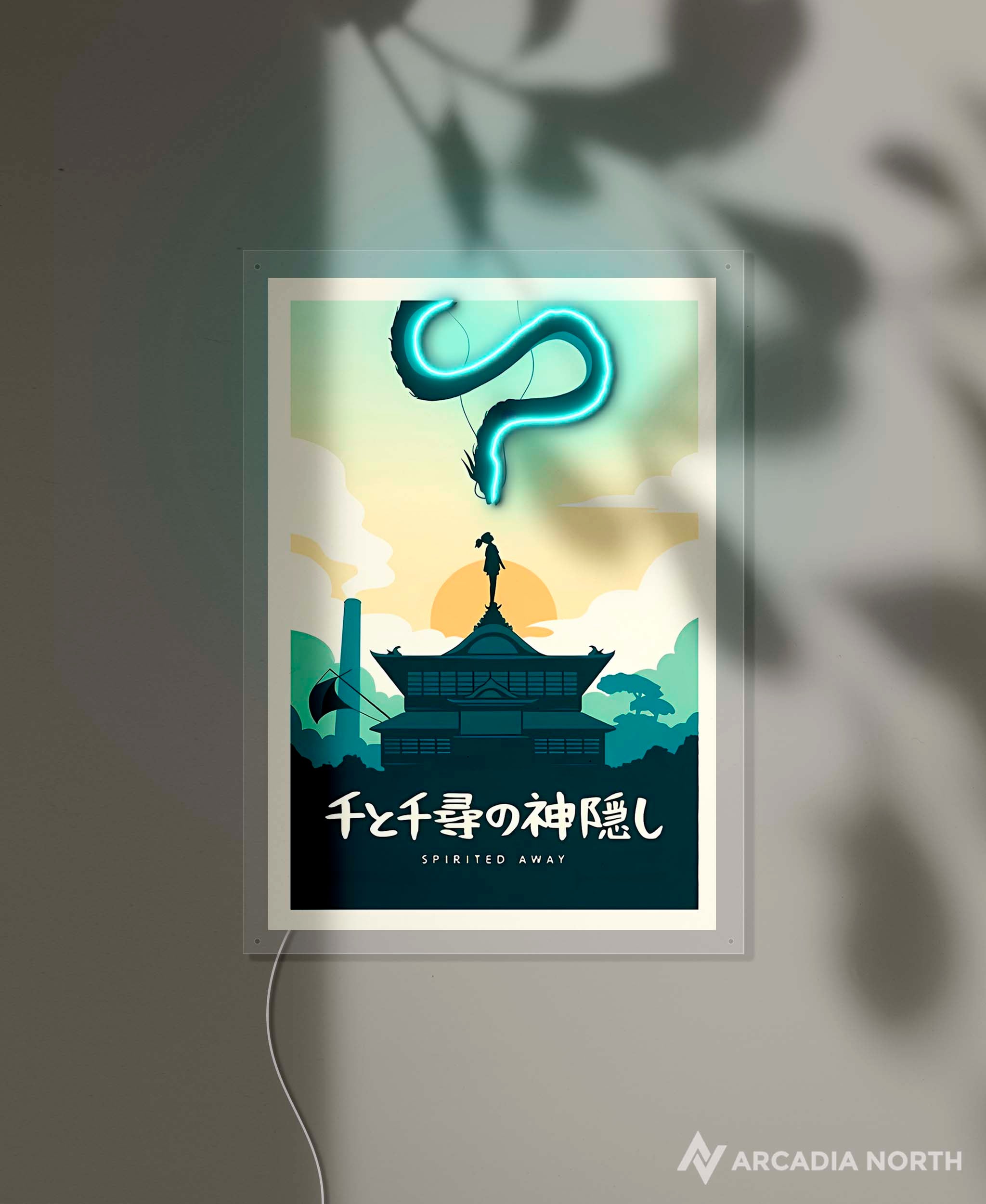 Arcadia North AURALIGHT Original LED Poster featuring the Studio Ghibli anime Spirited Away in minimalistic style. Illuminated by glowing neon LED lights. UV-printed on acrylic.