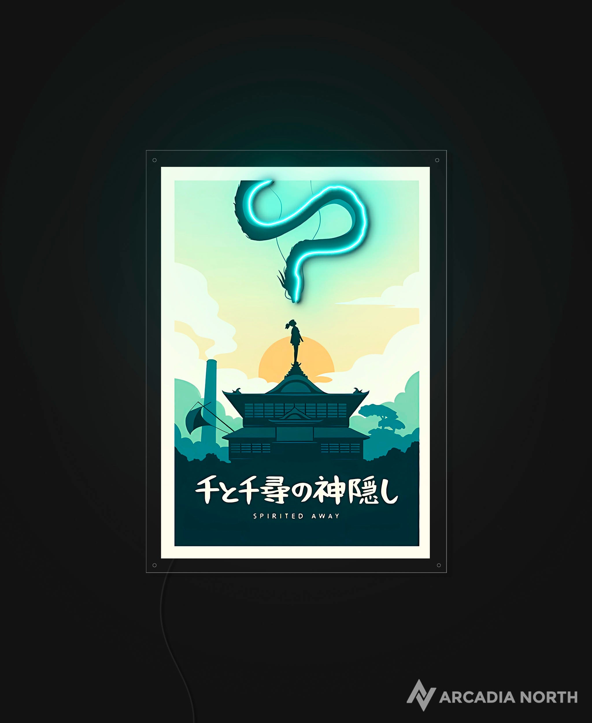 Arcadia North AURALIGHT Original LED Poster featuring the Studio Ghibli anime Spirited Away in minimalistic style. Illuminated by glowing neon LED lights. UV-printed on acrylic.