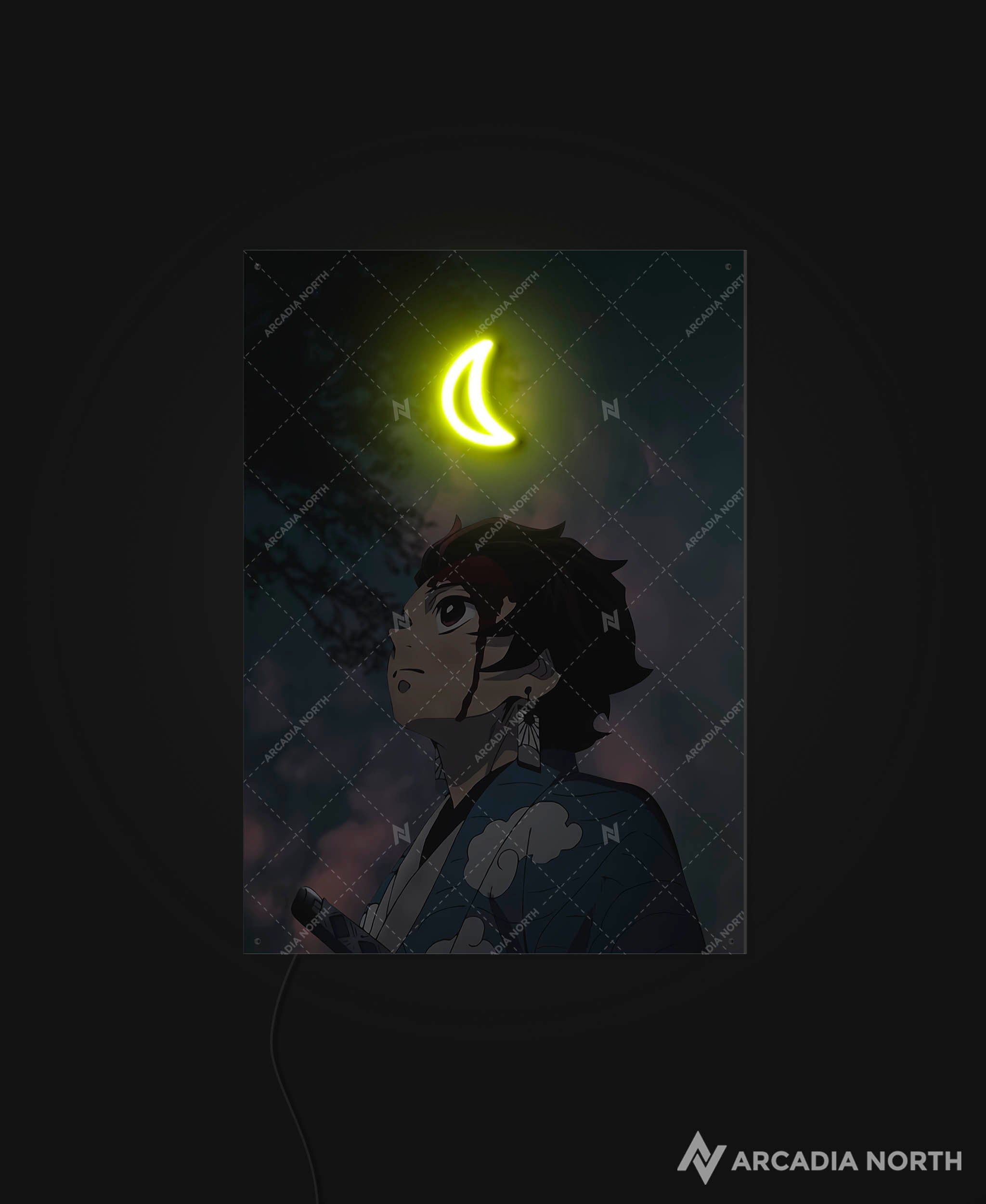 Arcadia North AURALIGHT - an LED Poster featuring the anime Demon Slayer with Tanjiro Kamado in front of a crescent moon Illuminated by glowing neon LED lights. UV-printed on acrylic.