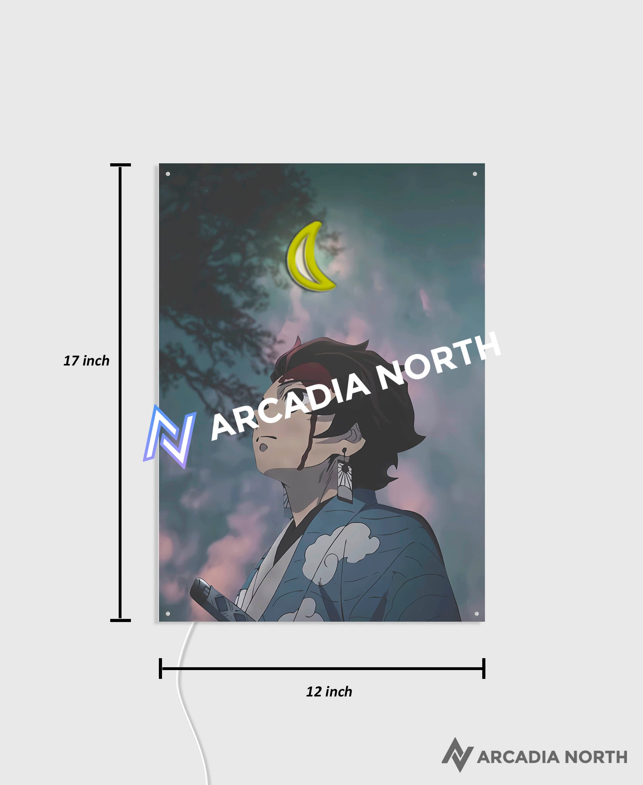 Arcadia North AURALIGHT Original LED Poster featuring the anime Demon Slayer with Tanjiro Kamado in front of a crescent moon Illuminated by glowing neon LED lights. UV-printed on acrylic.