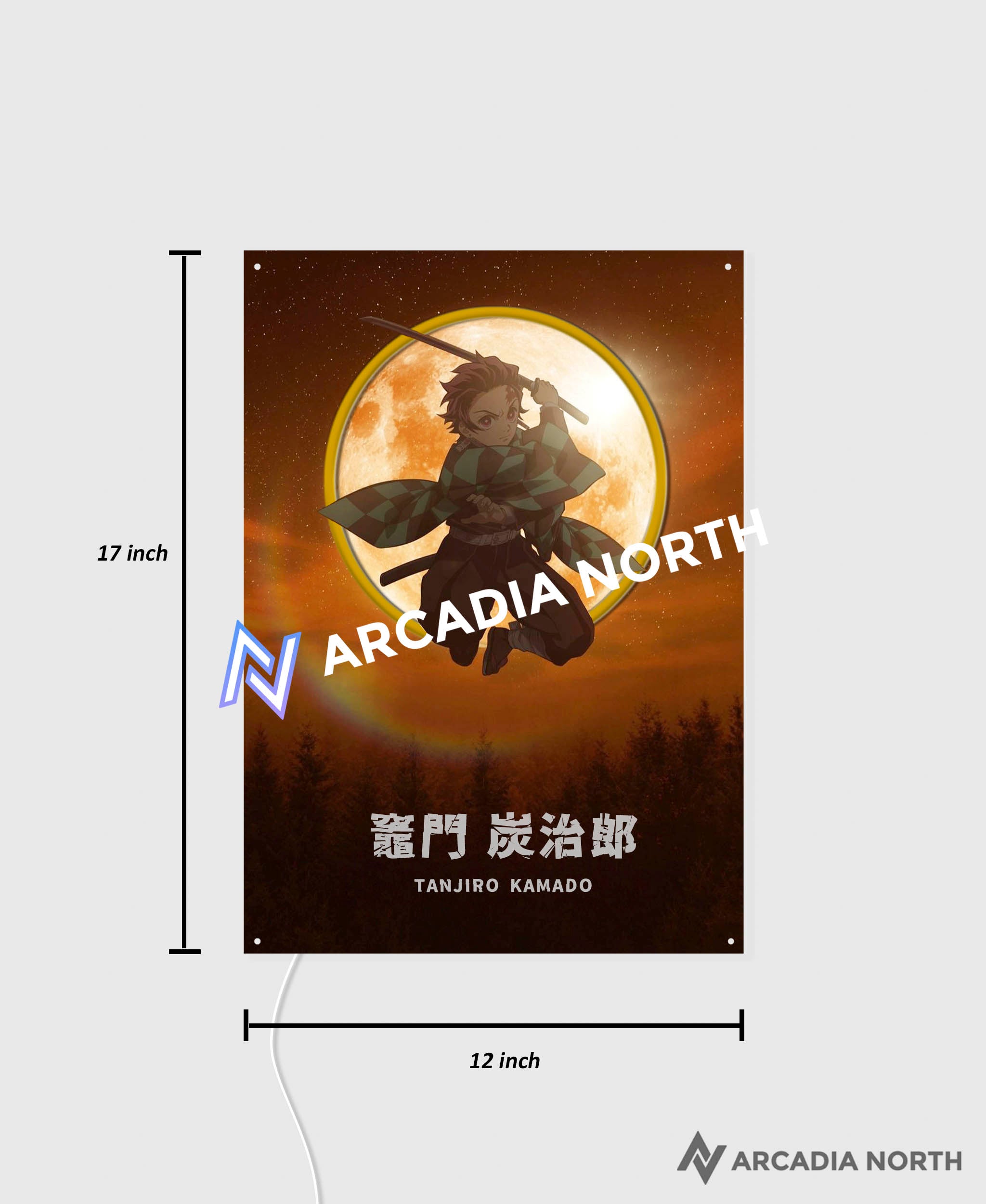 Arcadia North AURALIGHT Original LED Poster featuring the anime Demon Slayer with Tanjiro Kamado in front of a moon Illuminated by glowing neon LED lights. UV-printed on acrylic.
