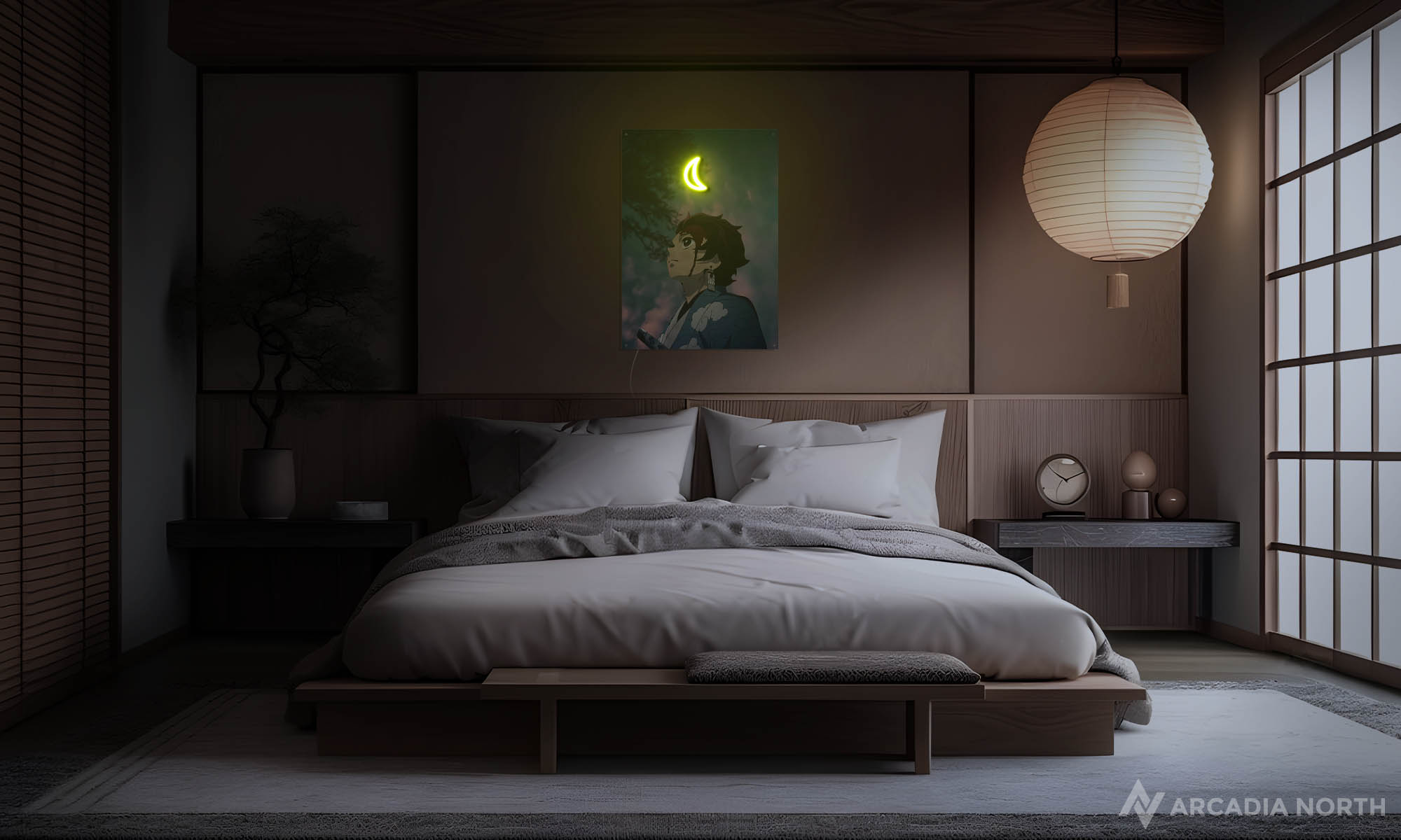 Modern Japanese bedroom with a Demon Slayer/Kimetsu no Yaiba anime poster on the wall depicting Tanjiro Kamado in front of a crescent moon glowing with neon light - UV printed on acrylic - an Arcadia North Original LED Poster