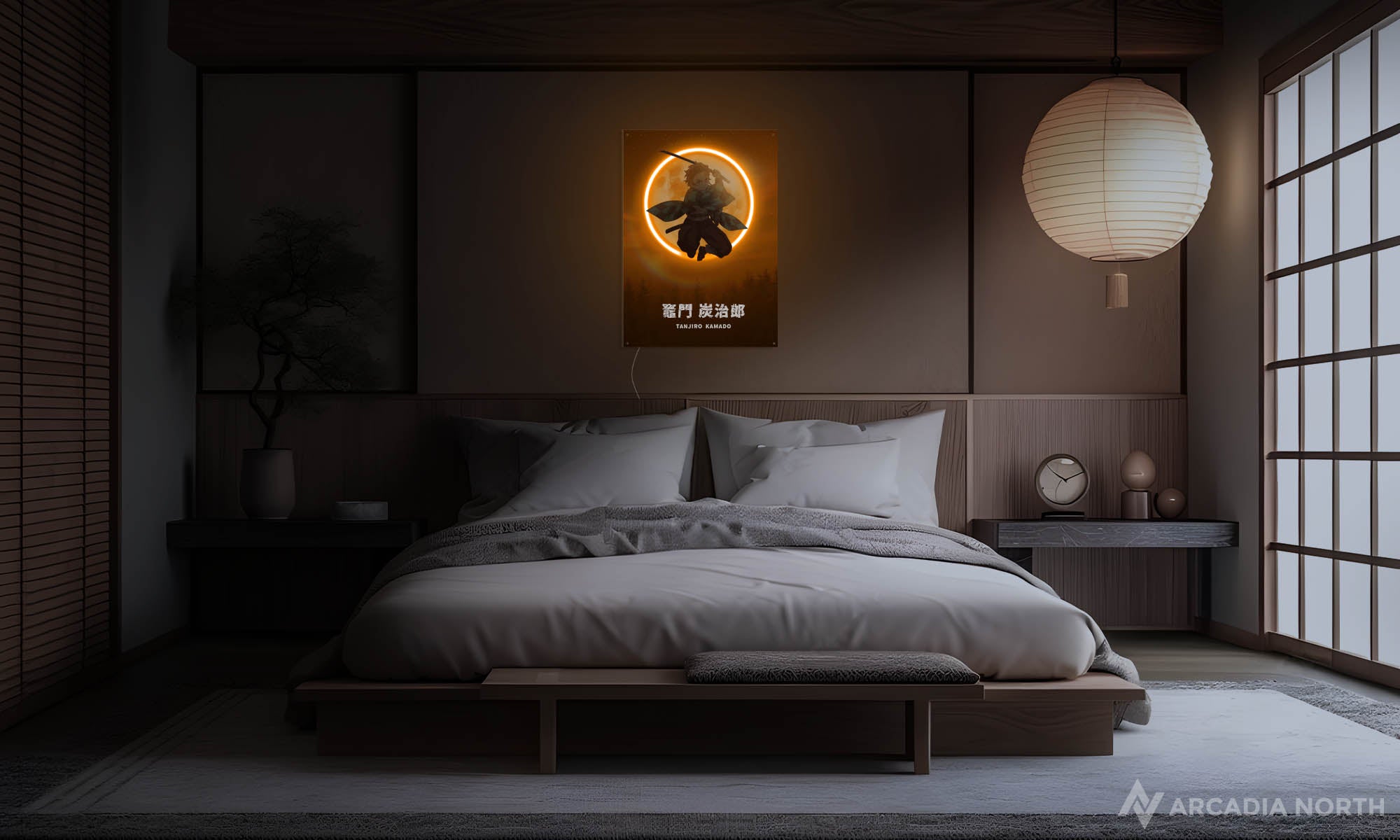 Modern Japanese bedroom with a Demon Slayer Kimetsu no Yaiba anime poster on the wall depicting Tanjiro Kamado in front of the moon outlined with glowing neon LED light - UV printed on acrylic - an Arcadia North Original LED Poster