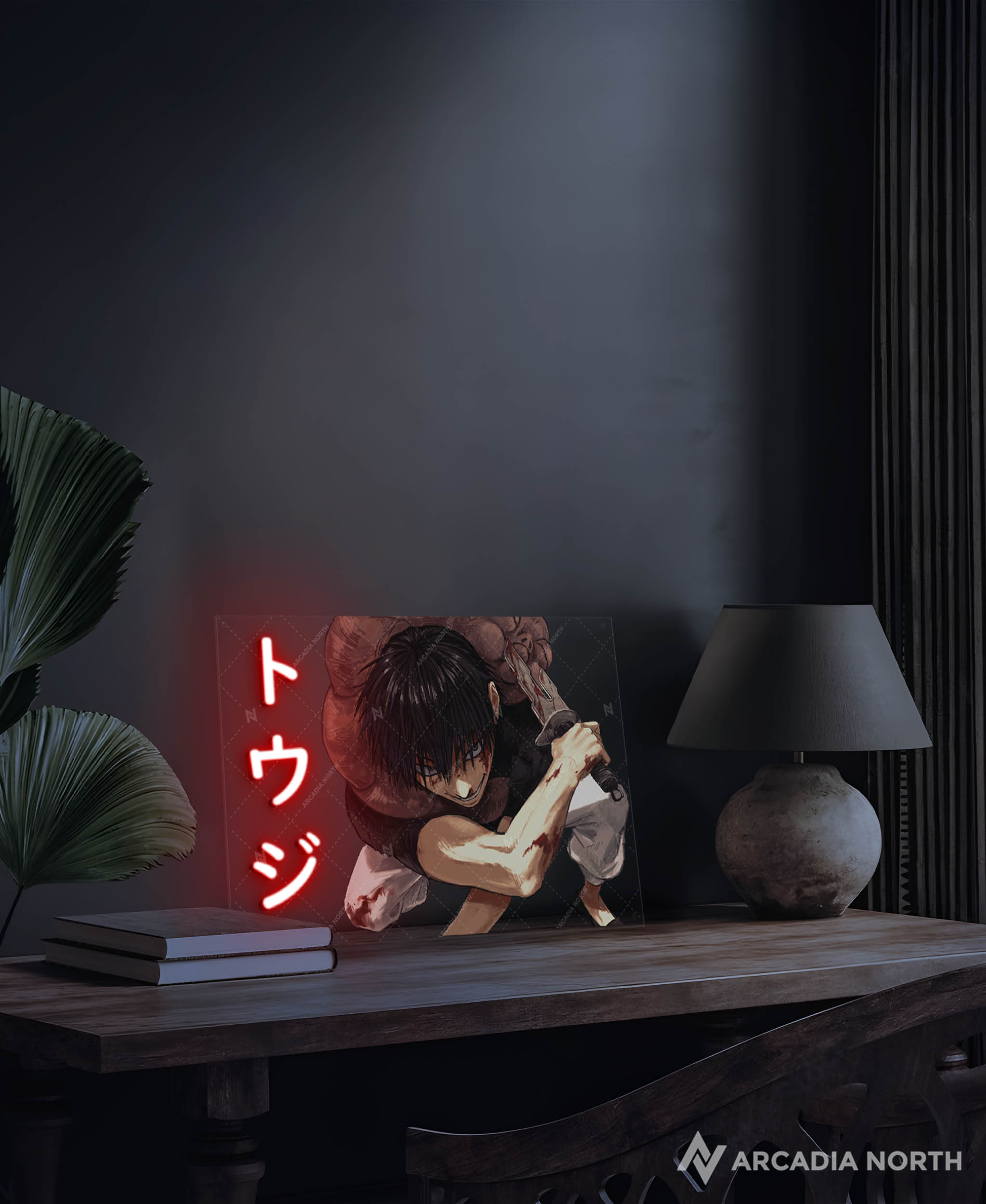 Arcadia North AURALIGHT - an LED Poster featuring the anime Jujutsu Kaisen with Toji Fushiguro art and “Toji” written in Japanese Katakana illuminated by LED neon lights. UV-printed poster on acrylic.