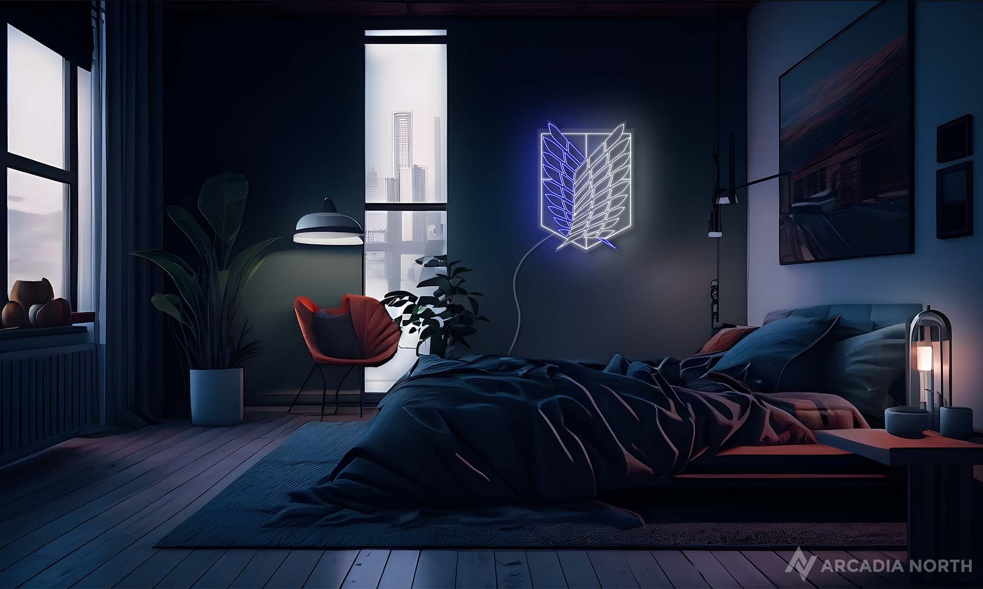 Modern bedroom with an Attack on Titan Wings of Freedom symbol neon sign glowing on the wall