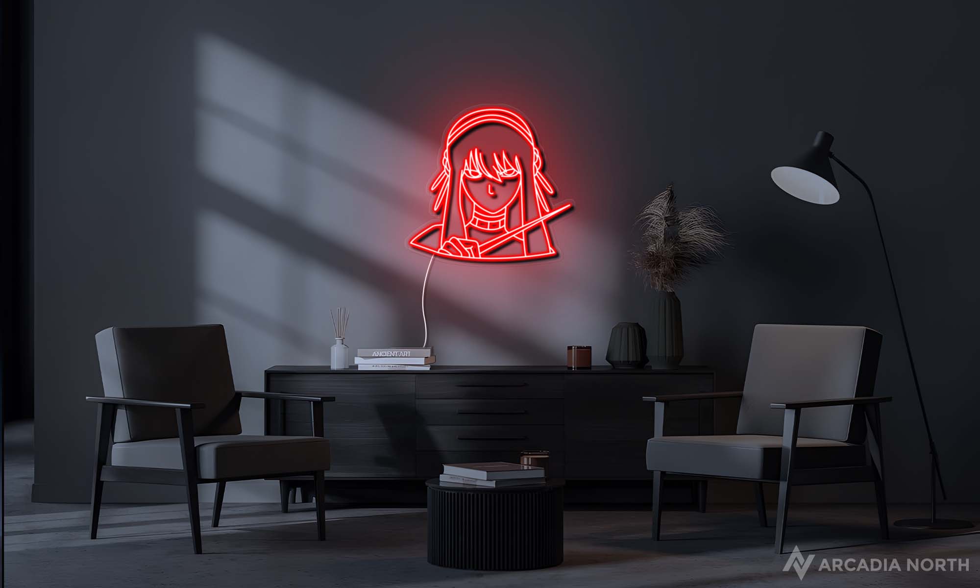 Modern living room with a red Spy x Family anime Yor Forger neon sign glowing on the wall