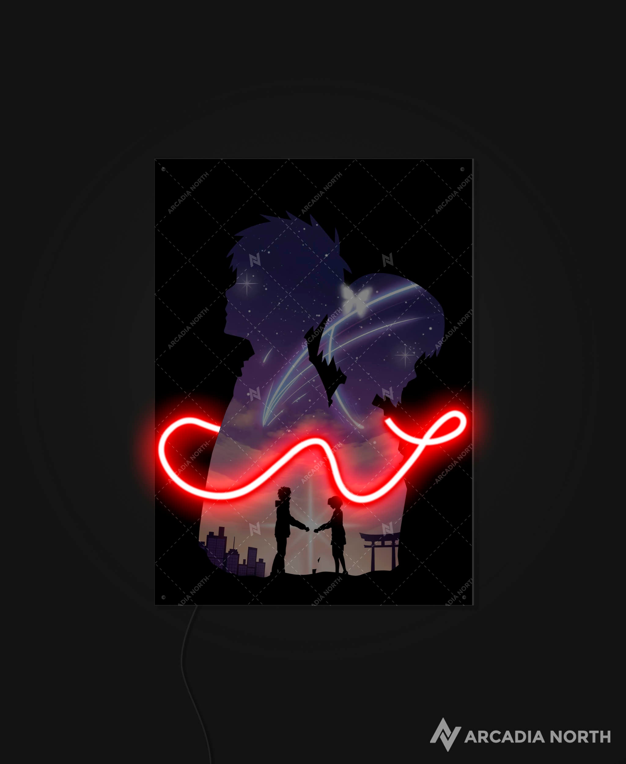 Arcadia North AURALIGHT - an LED Poster featuring the Makoto Shinkai anime Your Name Kimi no Na wa with Mitsuha and Taki connected by the red string of fate. Illuminated by glowing neon LED lights. UV-printed on acrylic.