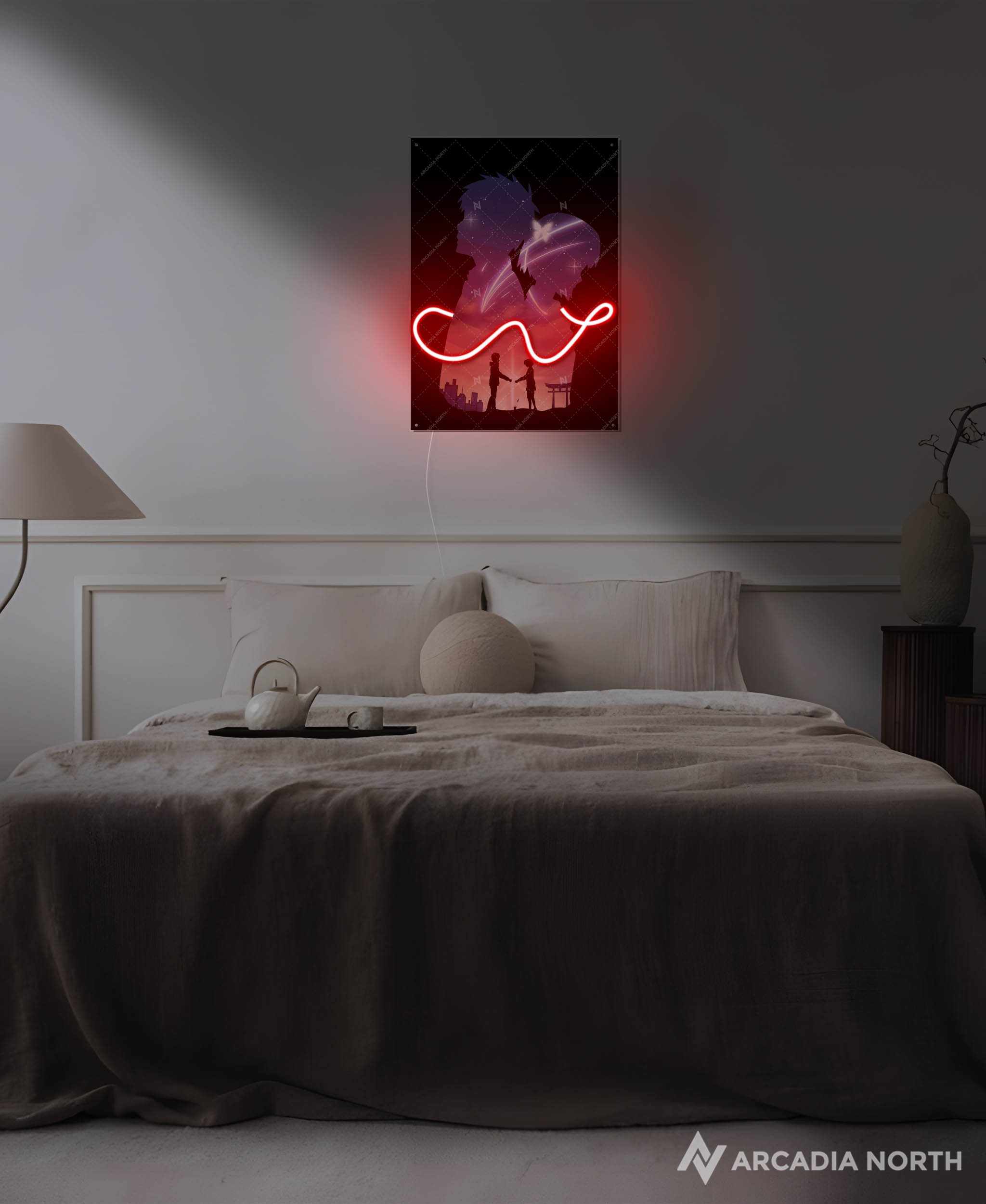 Arcadia North AURALIGHT - an LED Poster featuring the Makoto Shinkai anime Your Name Kimi no Na wa with Mitsuha and Taki connected by the red string of fate. Illuminated by glowing neon LED lights. UV-printed on acrylic.