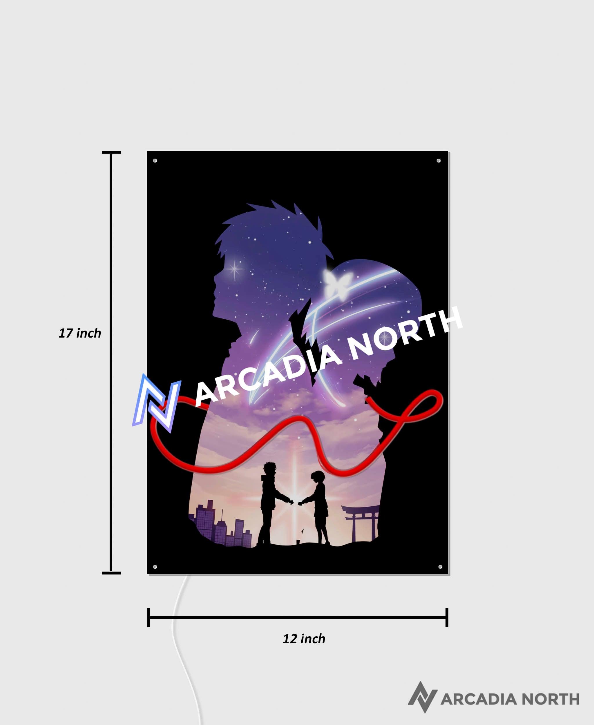 Arcadia North AURALIGHT Original LED Poster featuring the Makoto Shinkai anime Your Name Kimi no Na wa with Mitsuha and Taki connected by the red string of fate. Illuminated by glowing neon LED lights. UV-printed on acrylic.