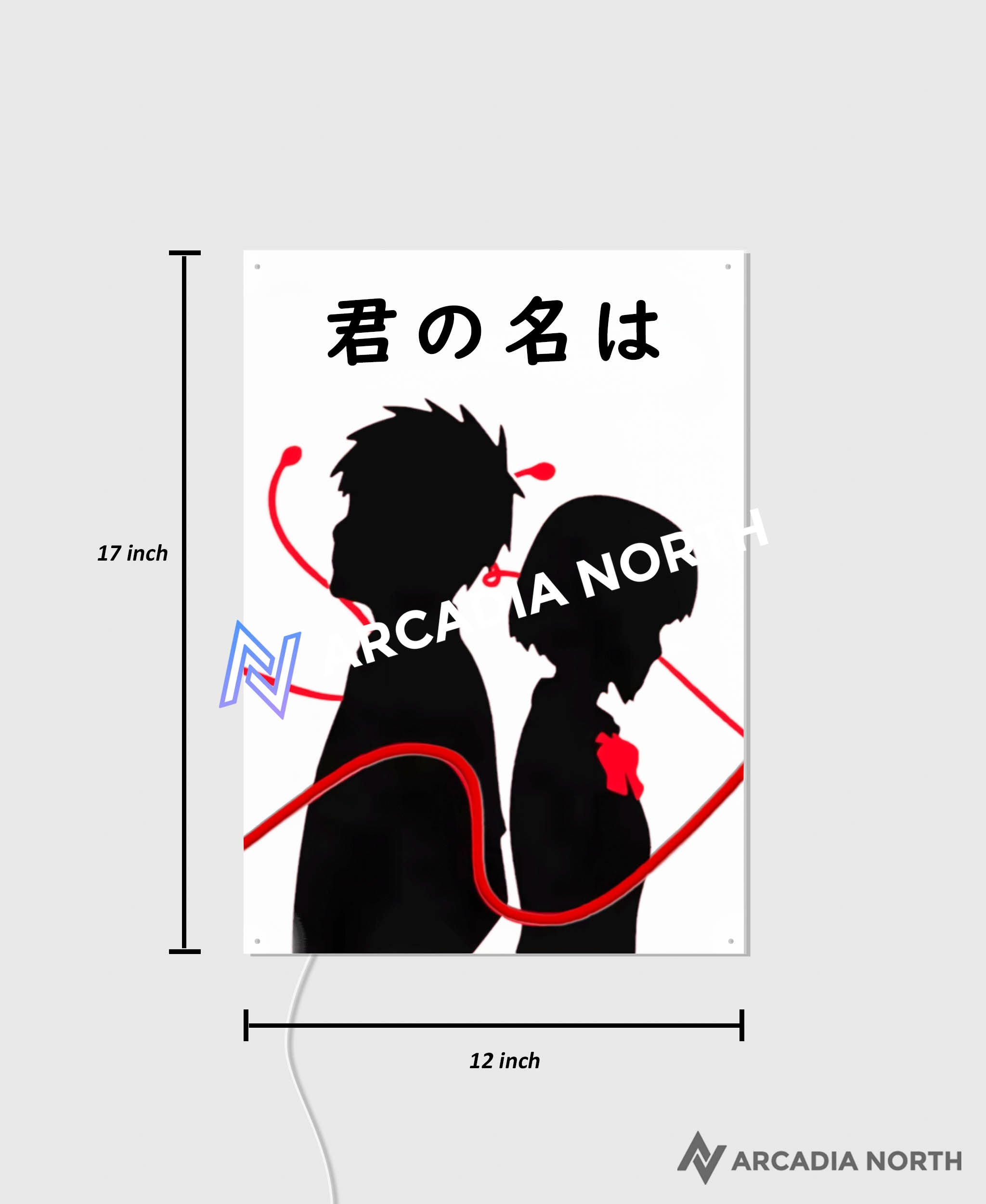Arcadia North AURALIGHT Original LED Poster featuring the Makoto Shinkai anime Your Name Kimi no Na wa with Mitsuha and Taki connected by the red string of fate. Illuminated by glowing neon LED lights. UV-printed on acrylic.