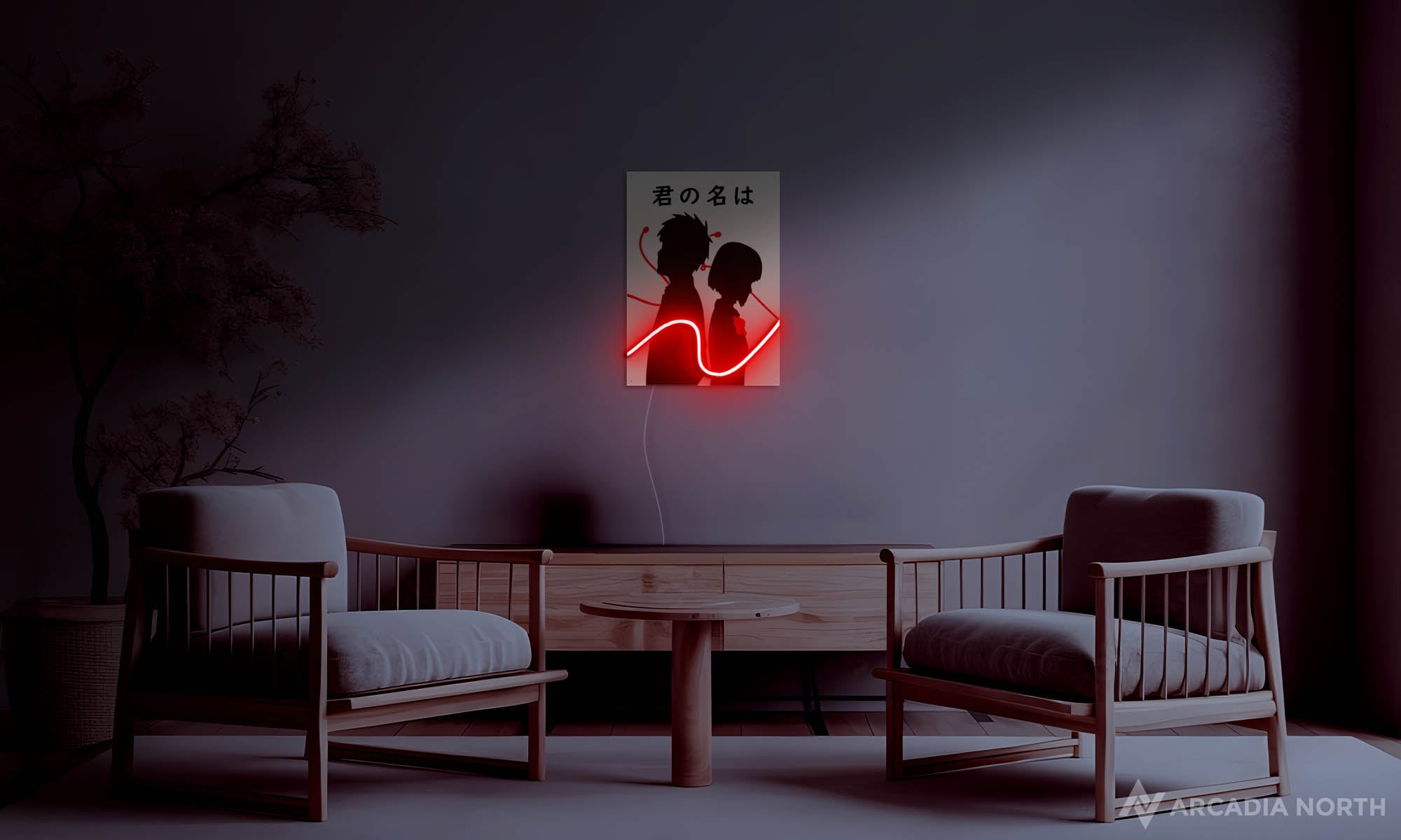 Arcadia North Original LED Poster of the anime Your Name Kimi no Na wa by Makoto Shinkai featuring Mitsuha and Taki with the red string of fate illuminated by LED neon lights. UV-printed poster on acrylic