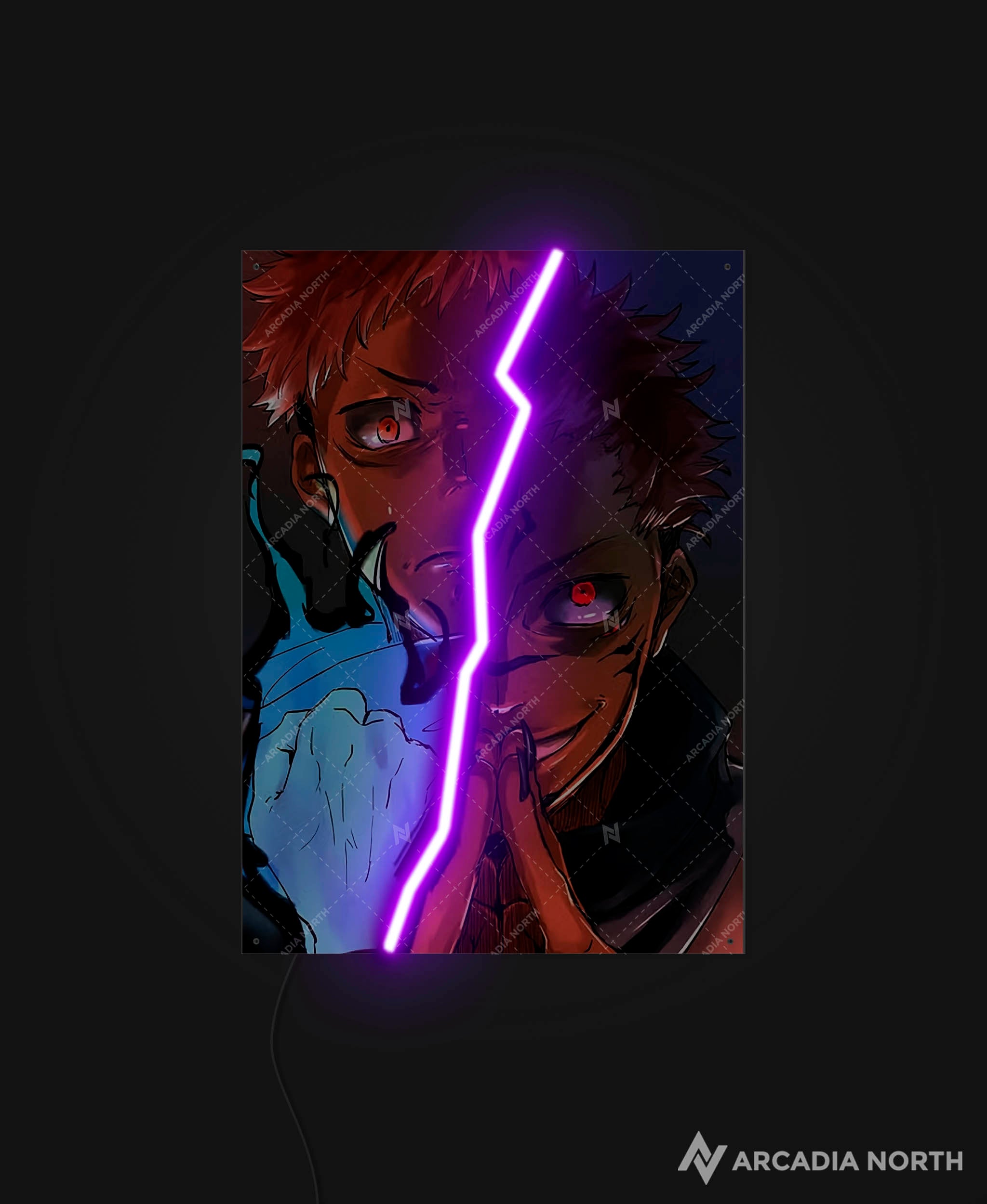 Arcadia North AURALIGHT - an LED Poster featuring the anime Jujutsu Kaisen with Yuji Itadori and Ryomen Sukuna. The split between the two characters is illuminated by LED neon lights. UV-printed poster on acrylic.