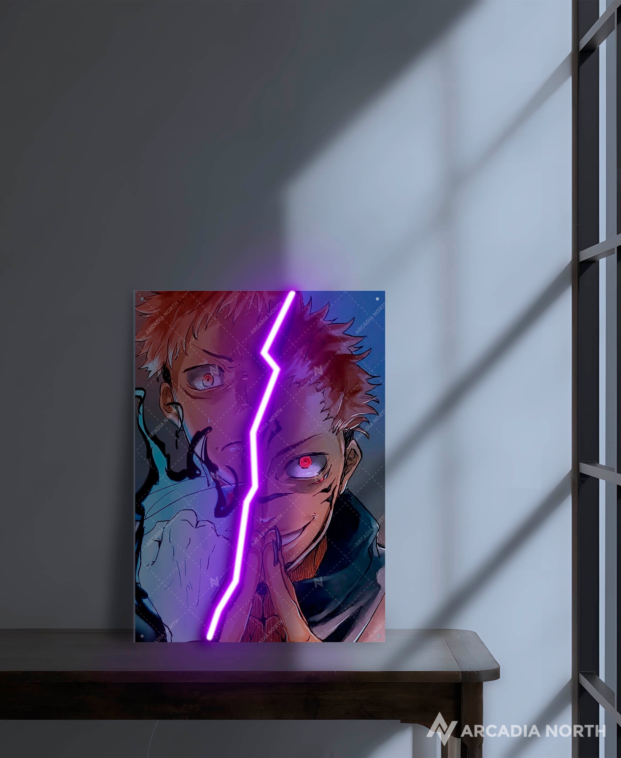 Arcadia North AURALIGHT - an LED Poster featuring the anime Jujutsu Kaisen with Yuji Itadori and Ryomen Sukuna. The split between the two characters is illuminated by LED neon lights. UV-printed poster on acrylic.