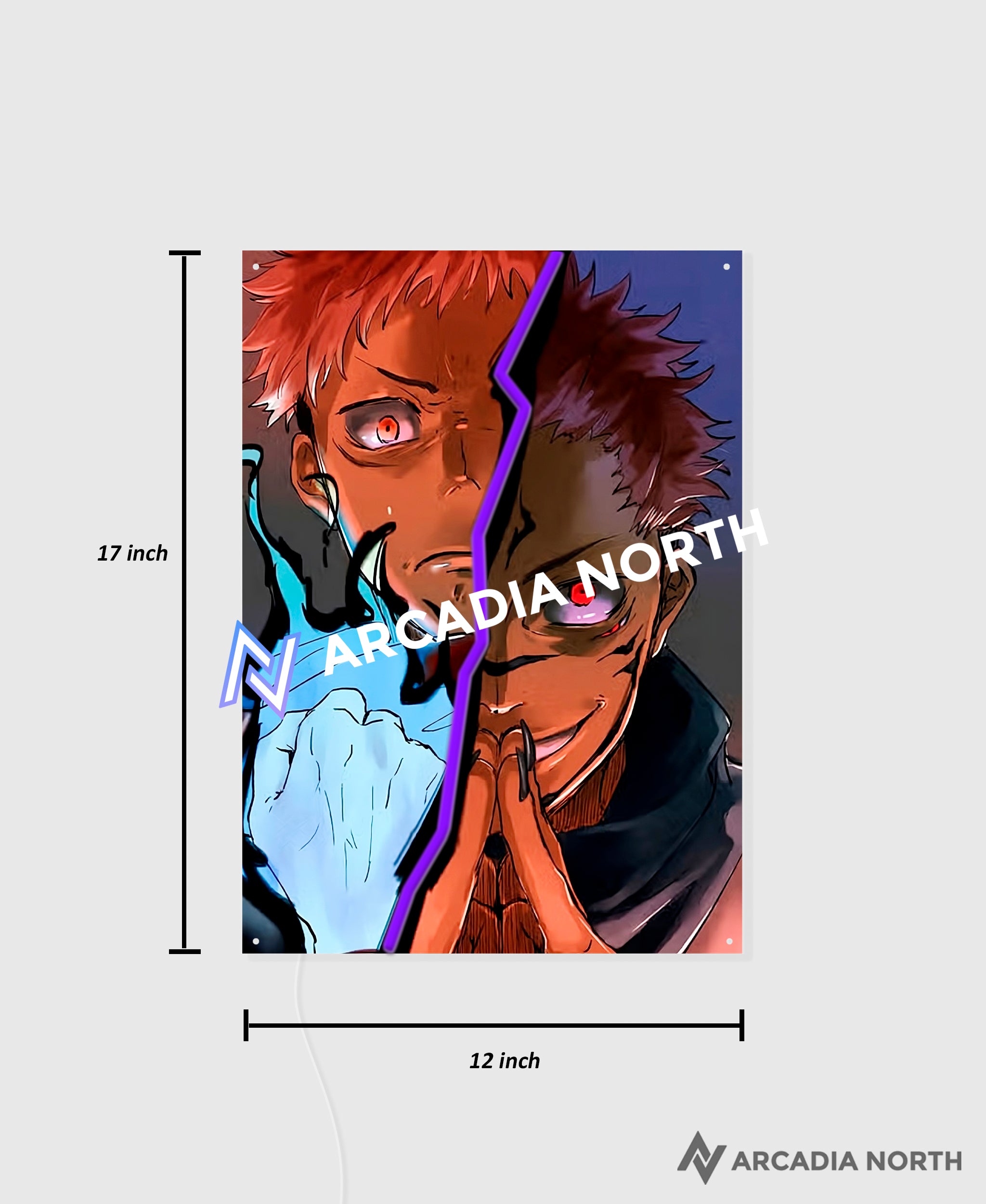 Arcadia North AURALIGHT Original LED Poster featuring the anime Jujutsu Kaisen with Yuji Itadori and Ryomen Sukuna. The split between the two characters is illuminated by LED neon lights. UV-printed poster on acrylic.