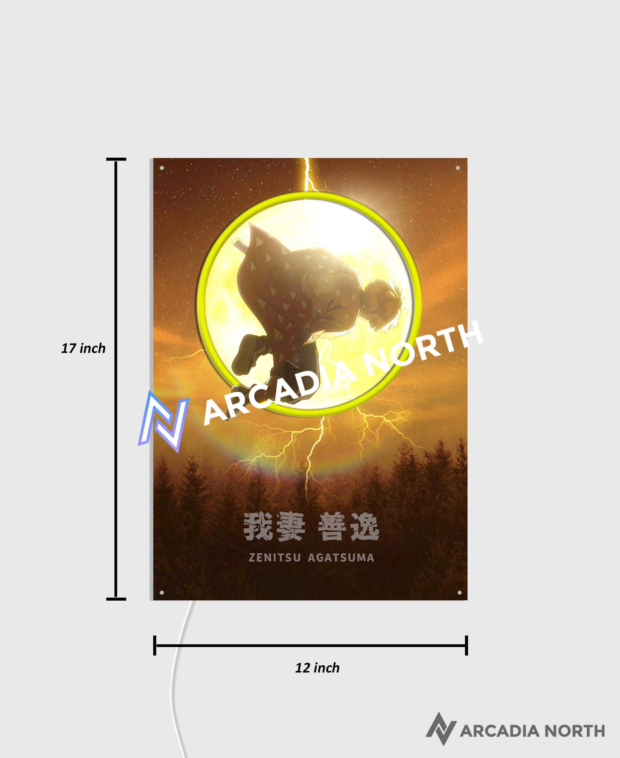 Arcadia North AURALIGHT Original LED Poster featuring the anime Demon Slayer with Zenitsu Agatsuma in front of a moon Illuminated by glowing neon LED lights. UV-printed on acrylic.