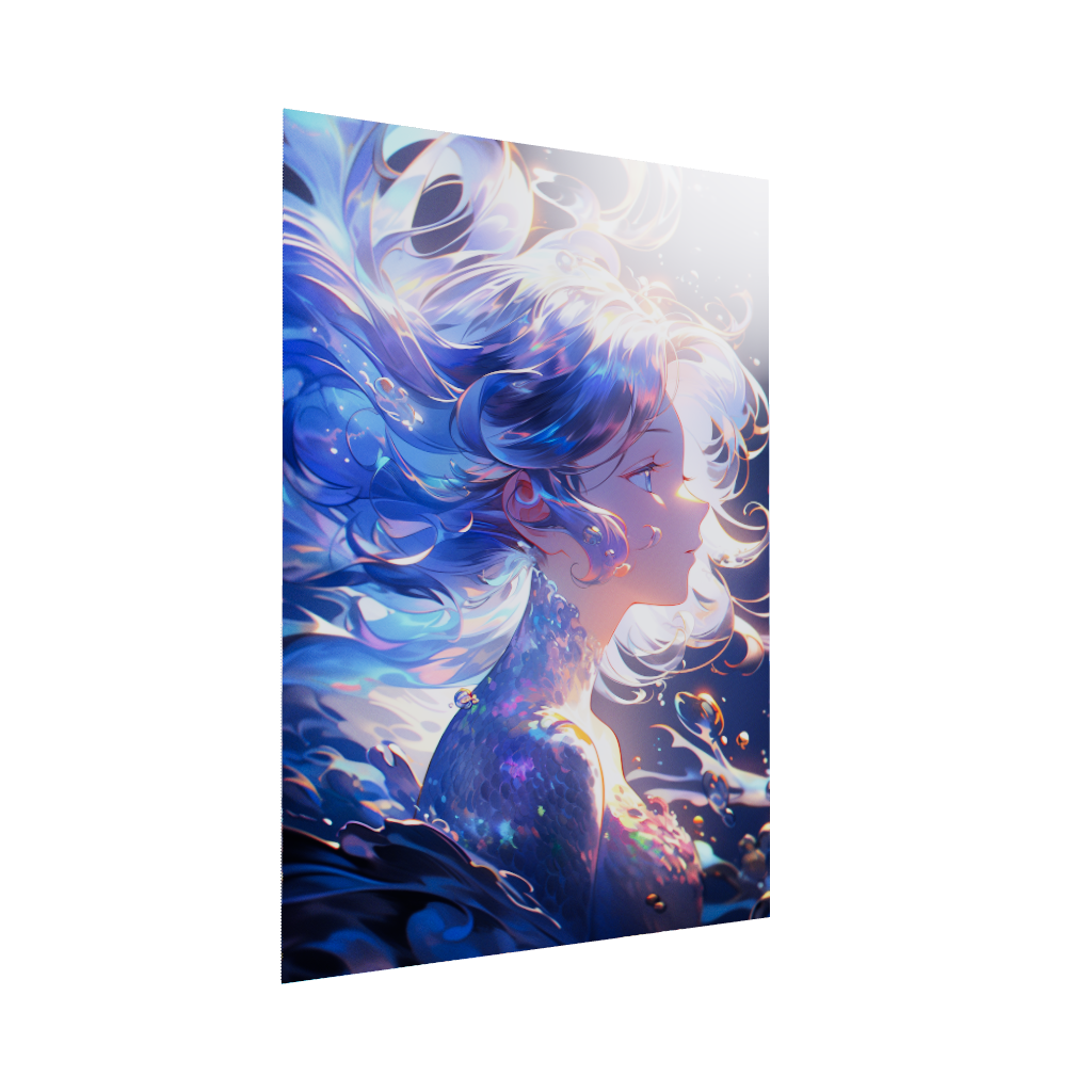 Acrylic poster 3D model of a beautiful glowing anime girl with iridescent hair in water. Celestia of the Waves by Arcadia North.