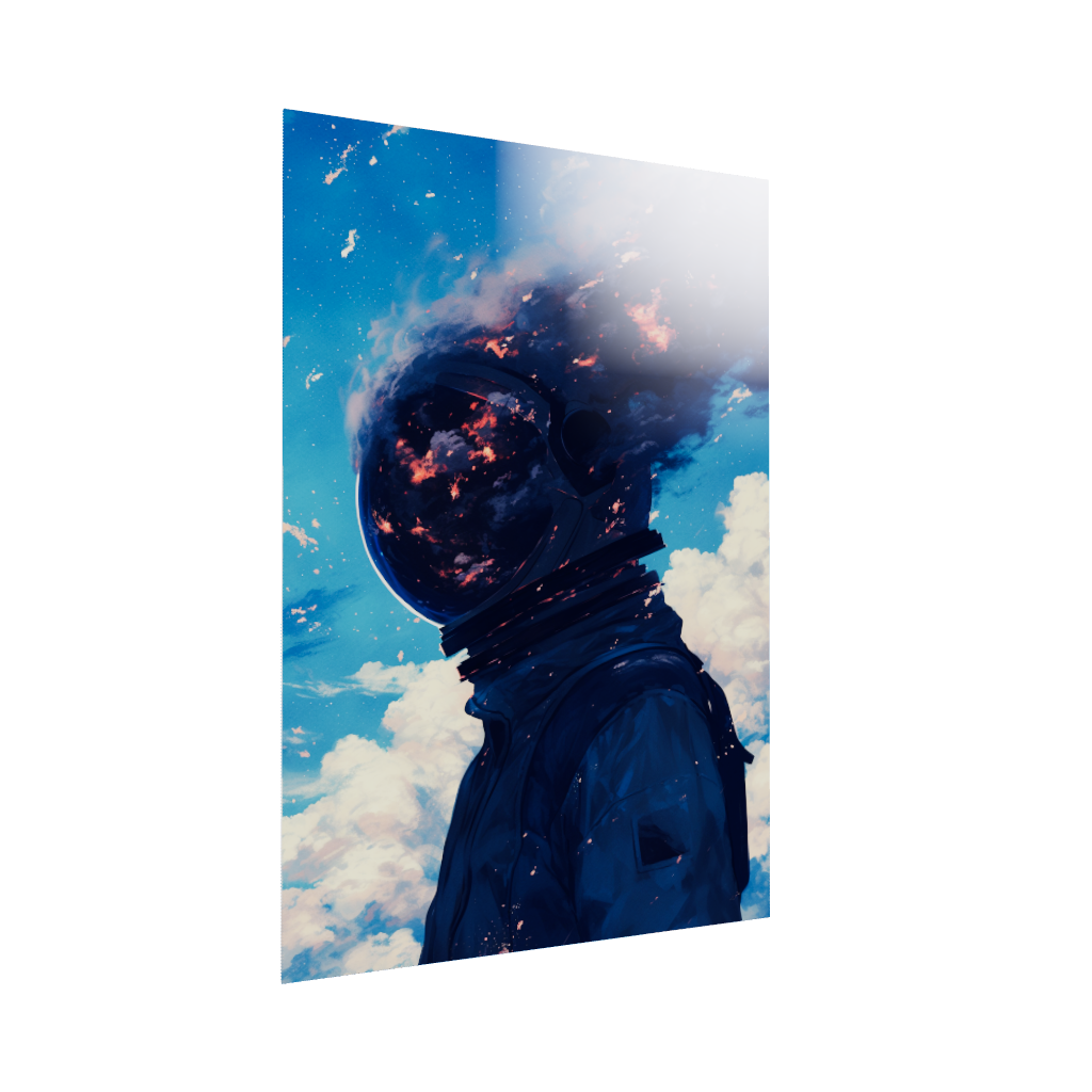 Acrylic poster 3D model of an astronaut with smoke coming out of their helmet. Combust by Arcadia North.