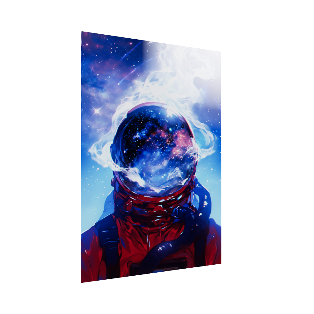 Acrylic poster 3D model of surreal art of an astronaut with smoke vapor coming out of their helmet. Cosmic Vapor by Arcadia North.