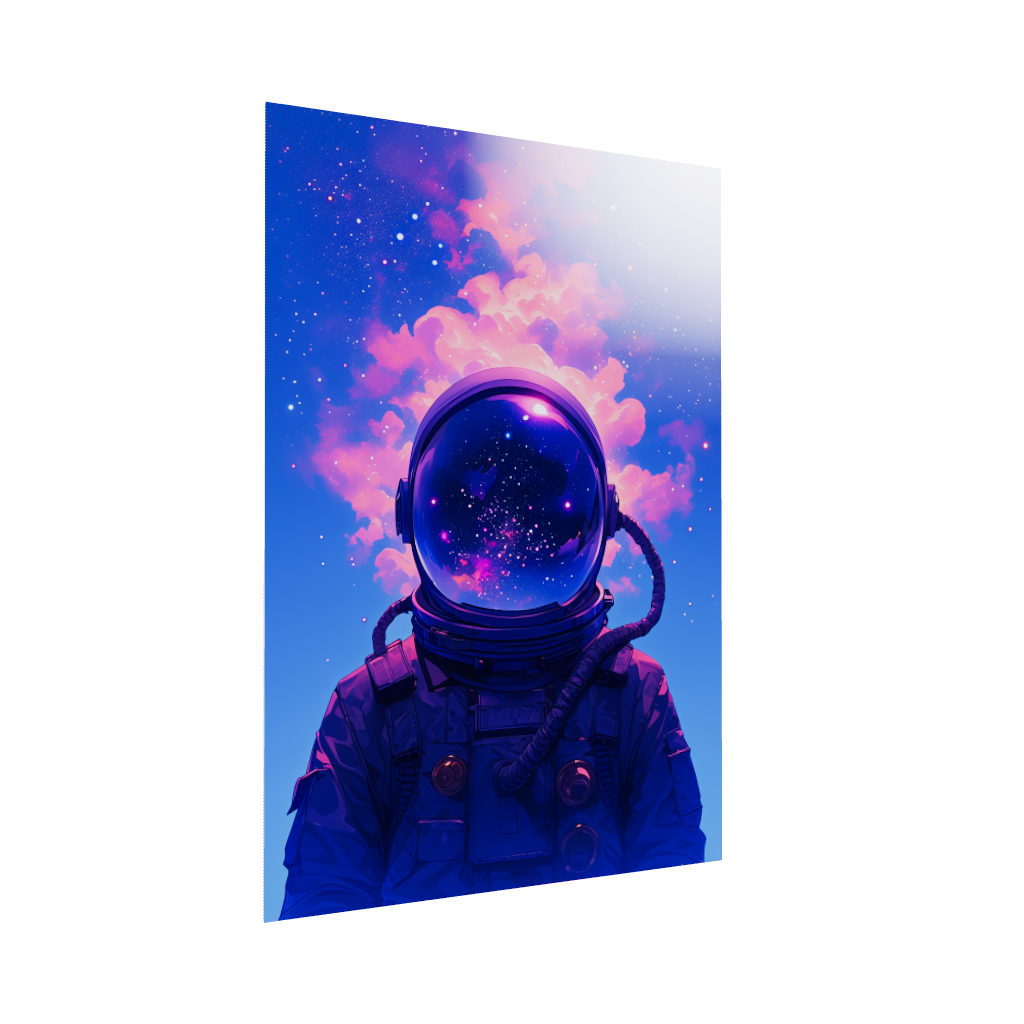 Acrylic poster 3D model of ethereal art of an astronaut with smoke coming out of their helmet and stars and galaxies in the helmet reflection. Head in the Clouds by Arcadia North.