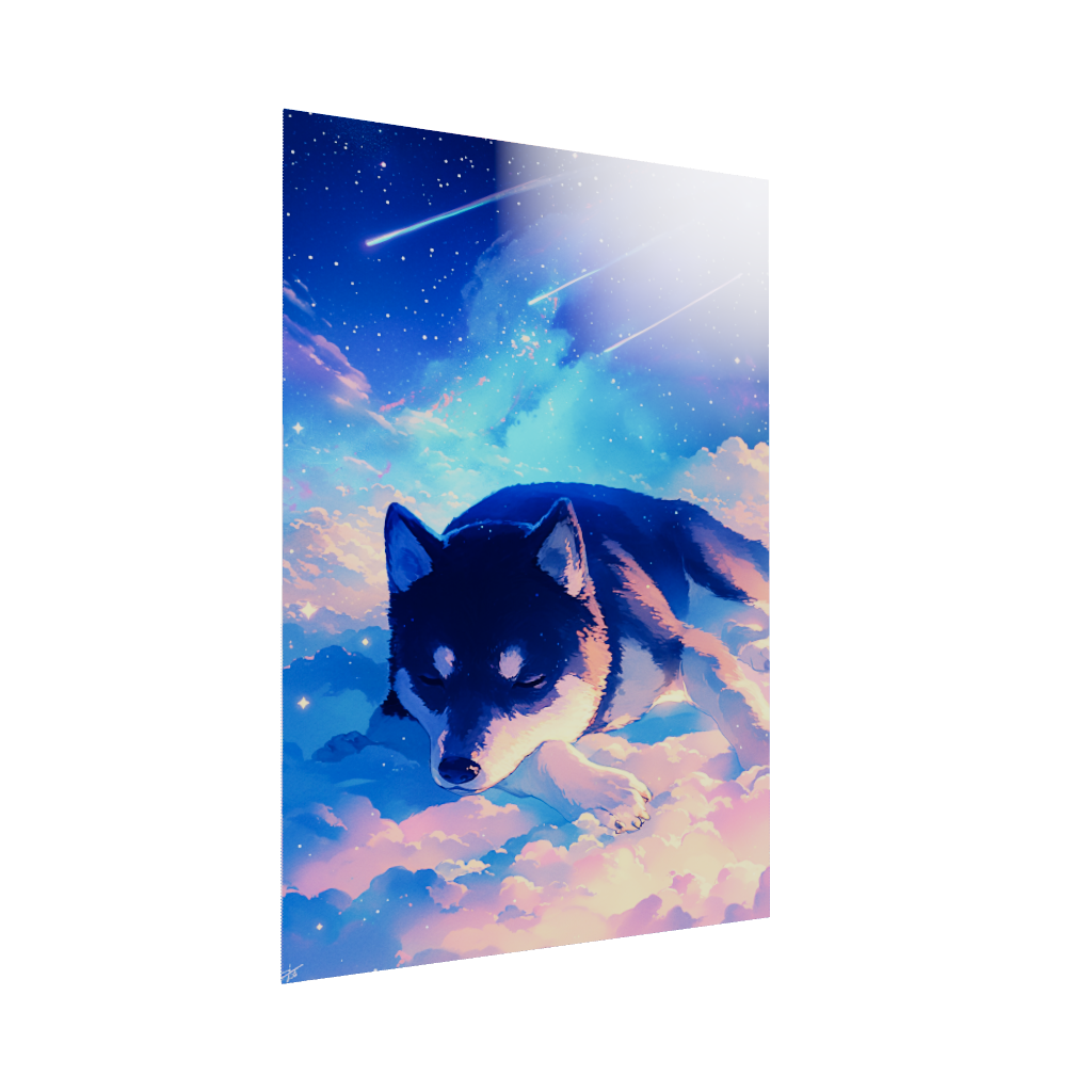 Acrylic poster 3D model of a cute black and tan shiba inu puppy sleeping on a cloud with beautiful stars in the background. Shiba in the Stars by Arcadia North.