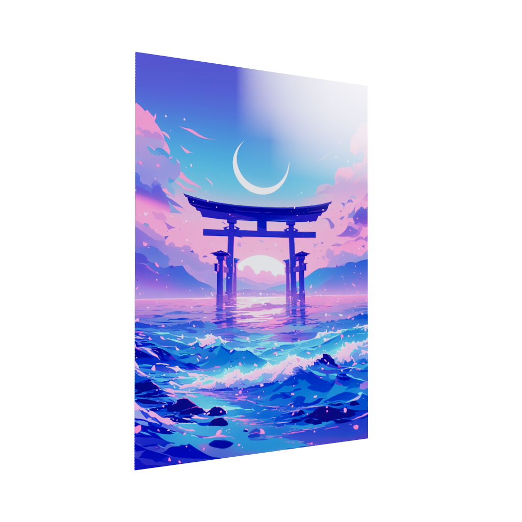 Acrylic poster 3D model of a pastel ethereal dreamscape of a Japanese torii gate in the water. Torii of Dreams by Arcadia North.