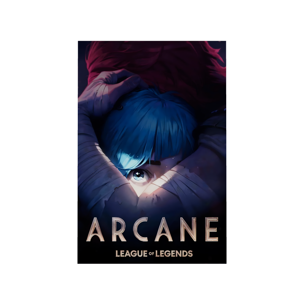 Arcane League of Legends gaming acrylic poster 3D model by Arcadia North. Arcane Season 1 Poster with Vi hugging Powder/Jinx. Acrylic wall art printed on acrylic.