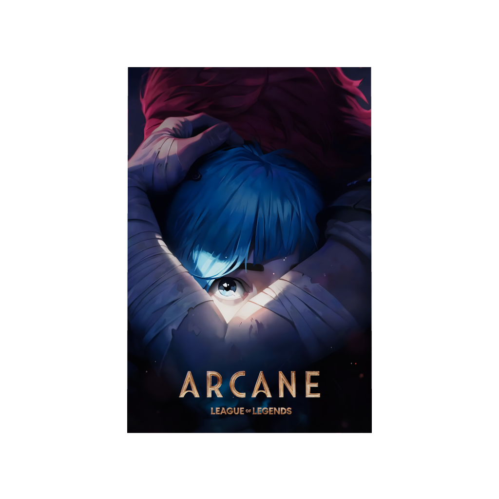 Arcane League of Legends gaming acrylic poster 3D model by Arcadia North. Arcane Season 1 Poster with Vi hugging Powder/Jinx. Acrylic wall art printed on acrylic.