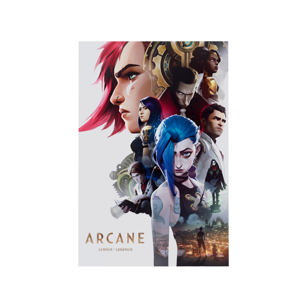 Arcane League of Legends gaming acrylic poster 3D model by Arcadia North. Arcane Season 1 Poster with Vi, Powder/Jinx, Caitlyn, Jayce, Viktor, Ekko, Silco, and Mel. Acrylic wall art printed on acrylic.