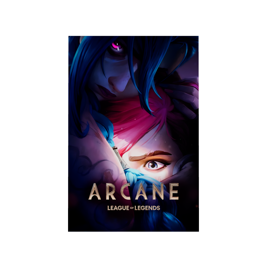 Arcane League of Legends gaming acrylic poster 3D model by Arcadia North. Arcane Season 2 Poster with Jinx hugging Vi. Acrylic wall art printed on acrylic.